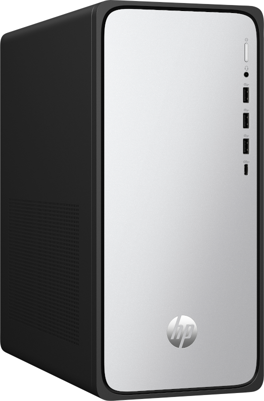 Schwarzer und silberner HP-Computerturm. Ein schlankes, modernes Design.