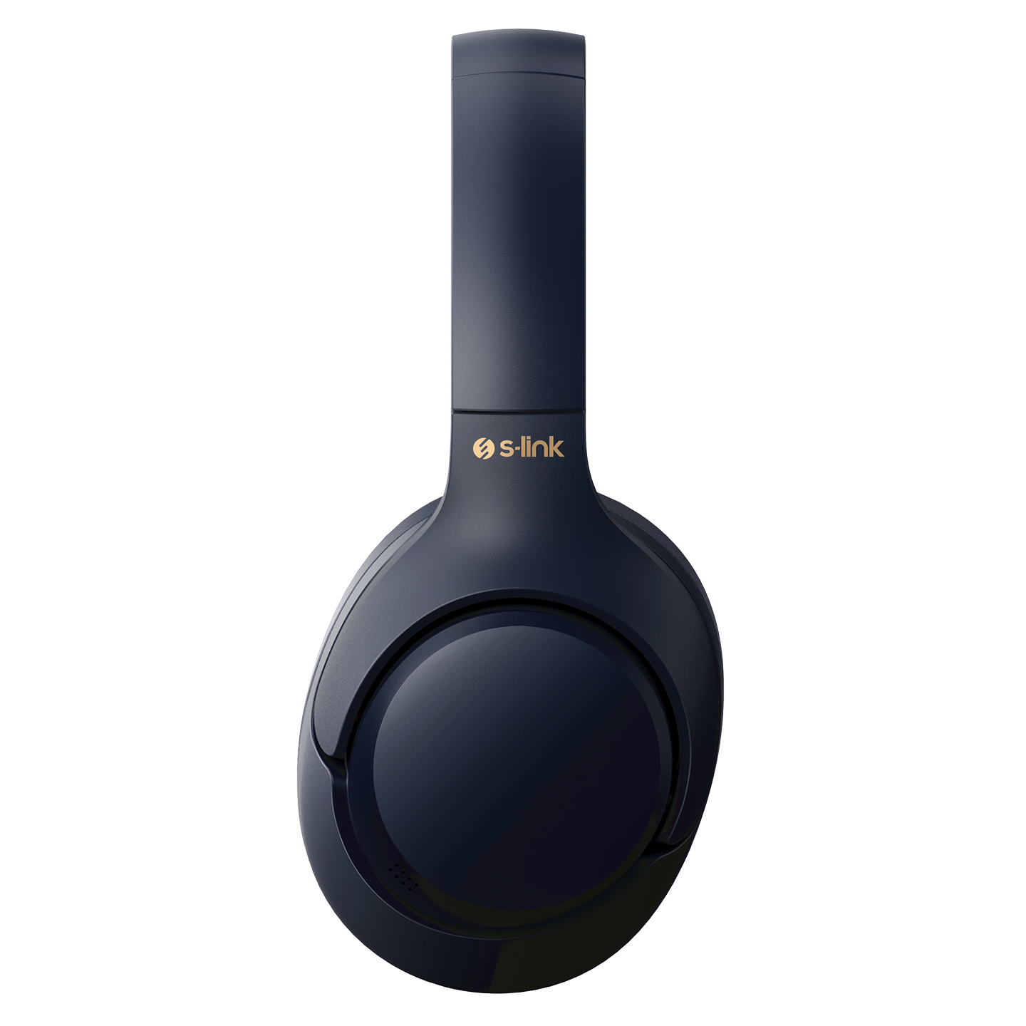 S-link logolu lacivert kulaklık. Modern, kulak üstü tasarım.