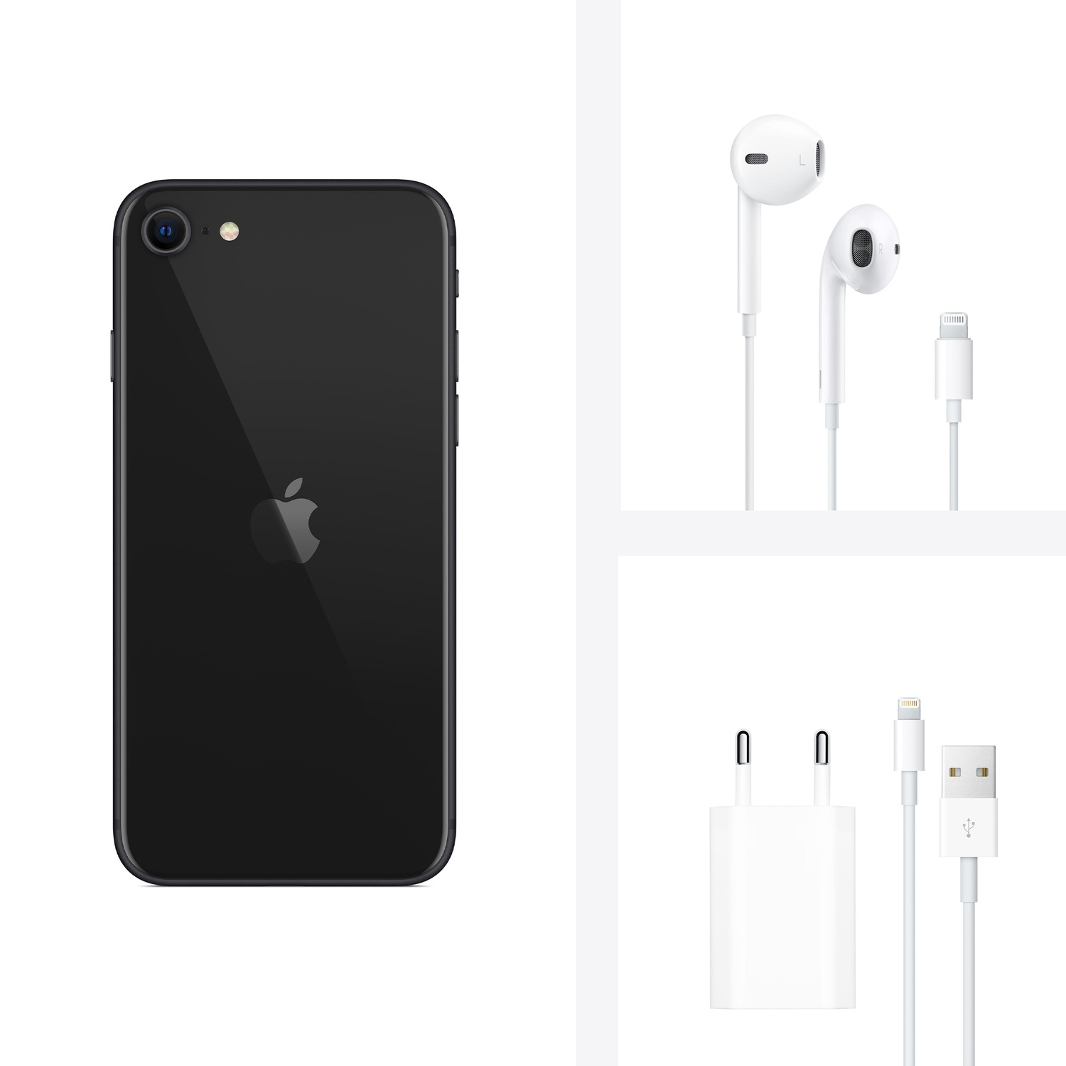 iPhone nero con accessori: caricatore bianco, auricolari e cavi, tutto su sfondo bianco.