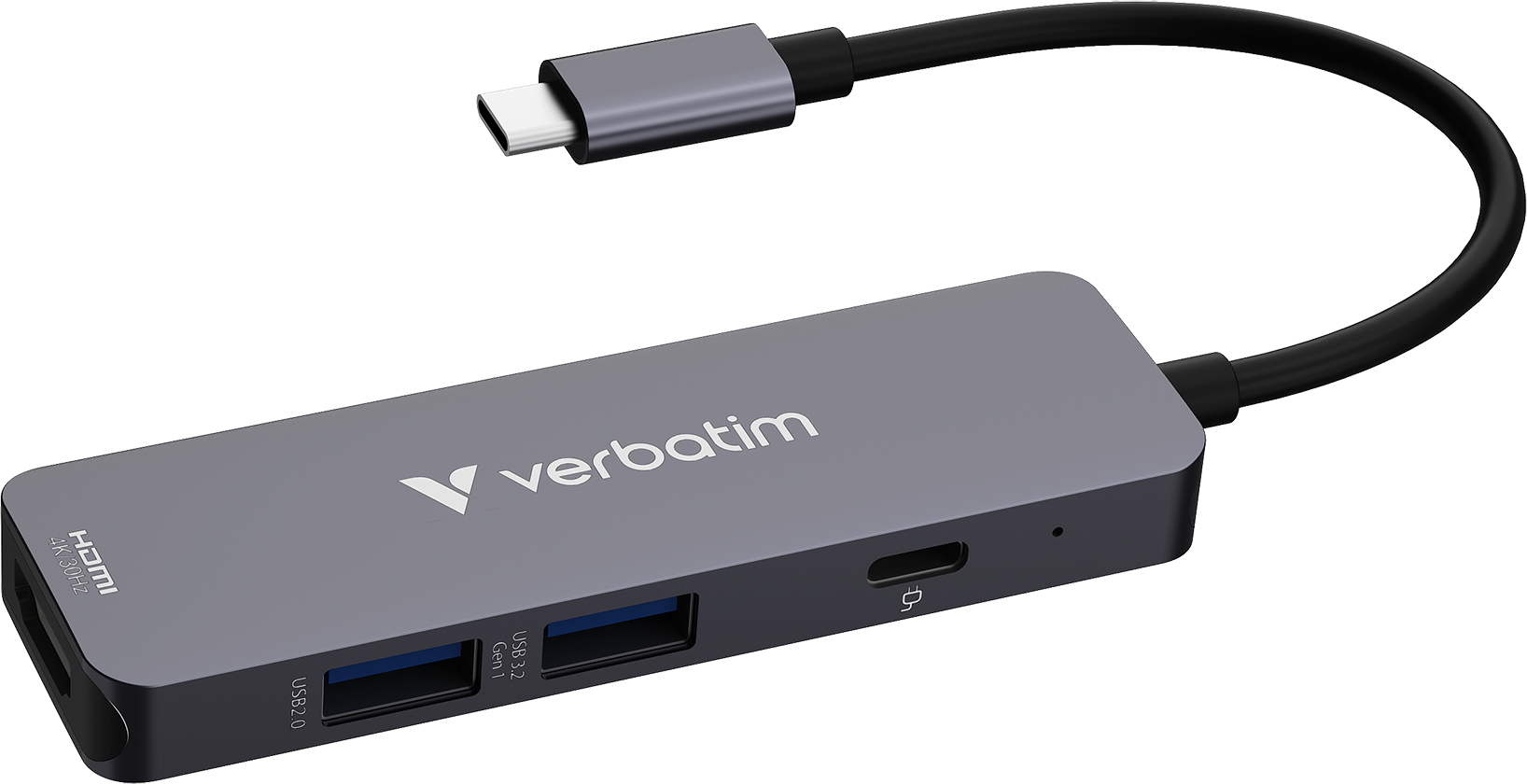 Szürke Verbatim USB hub HDMI, USB 3.2 és USB 2.0 portokkal, fekete kábel. Fekete háttér.