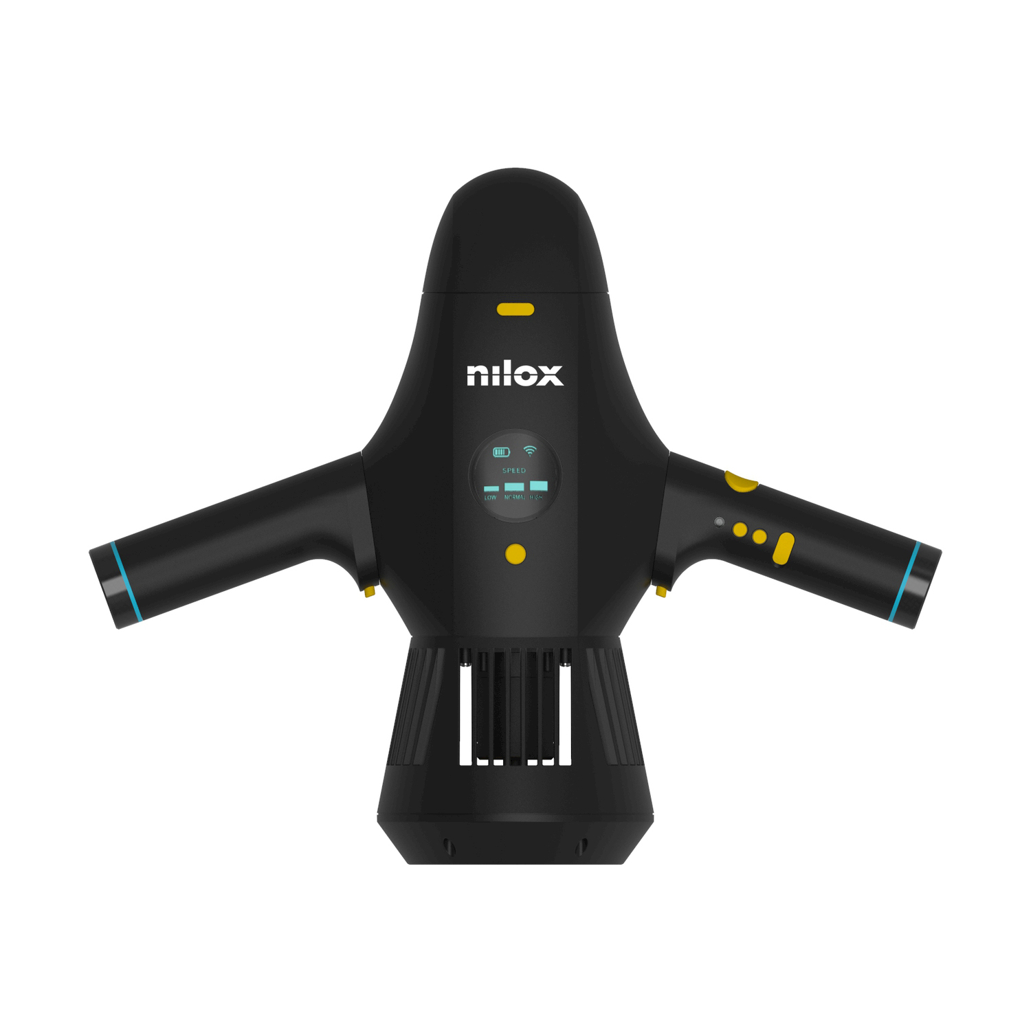 Scooter subacqueo nero. Ha due maniglie, una ventola, un display e un logo Nilox. Dettagli gialli.