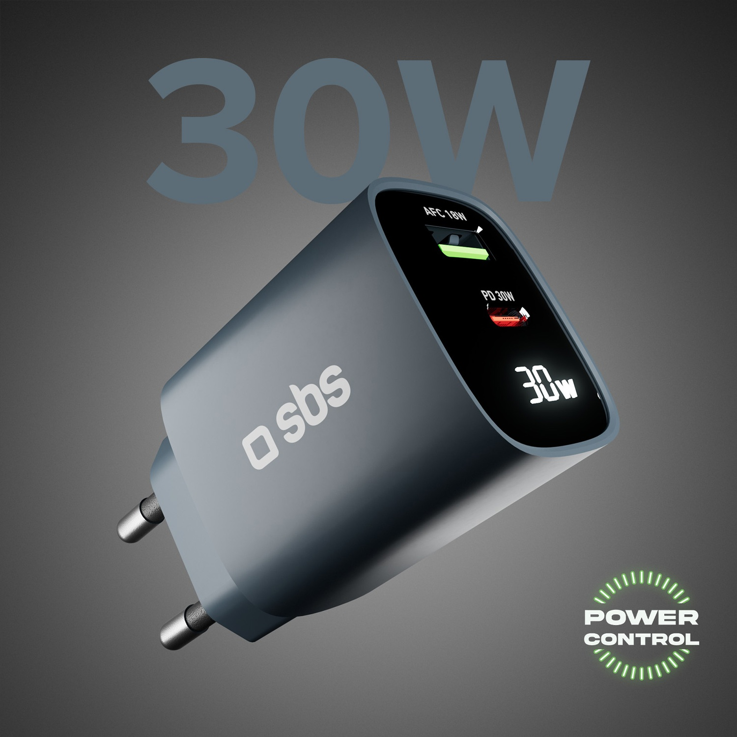 Caricabatterie blu scuro. 30W. Display che mostra l'uscita di alimentazione. Testo: Ricarica i tuoi dispositivi.