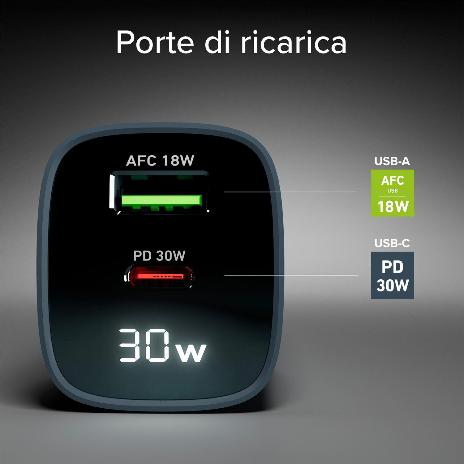 Primo piano del caricatore. 30W. Testo: Display LCD. Controlla la potenza erogata.