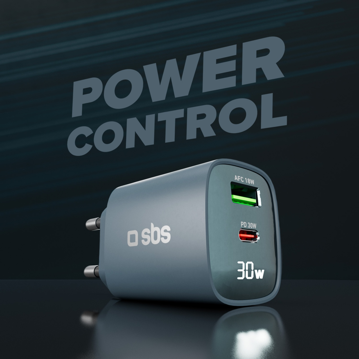 Un caricatore grigio con display da 30W. Ha AFC 18W e PD 30W e un logo SBS bianco.