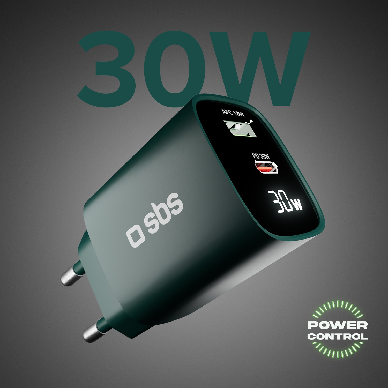 Un caricatore verde con display da 30W. Ha AFC 18W e PD 30W. Il logo SBS è visibile e POWER CONTROL è scritto.