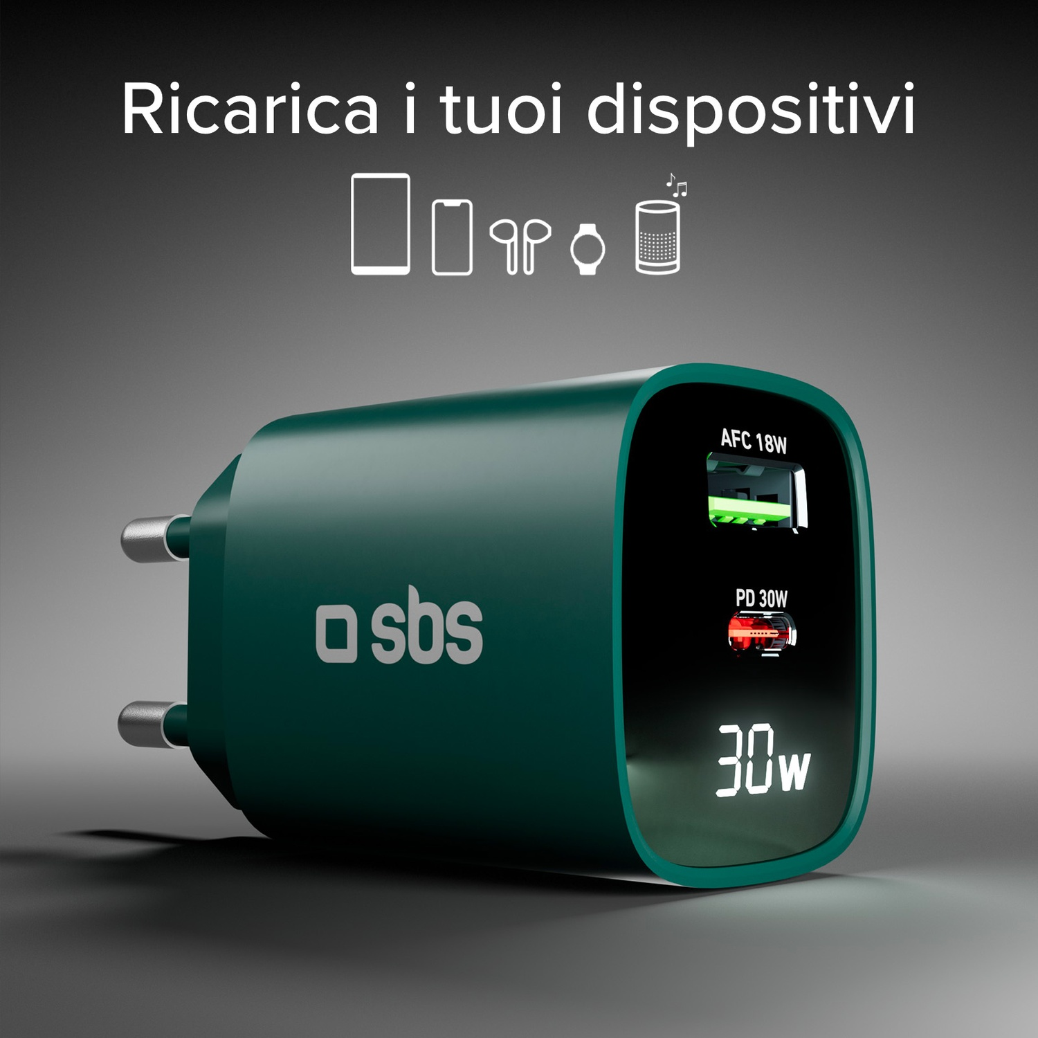 Un caricatore verde con display da 30W. Ha AFC 18W e PD 30W. Il logo SBS è visibile. Sono presenti icone di dispositivi.