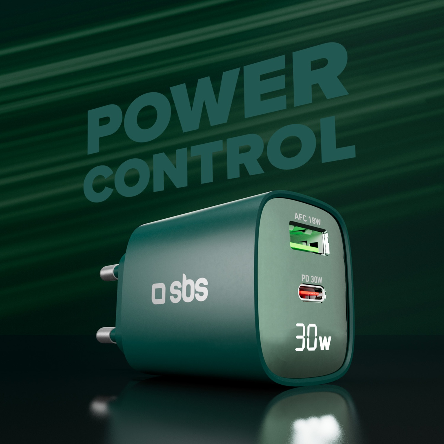 Un caricatore verde con display da 30W. Ha AFC 18W e PD 30W. Il logo SBS è visibile e POWER CONTROL è scritto.