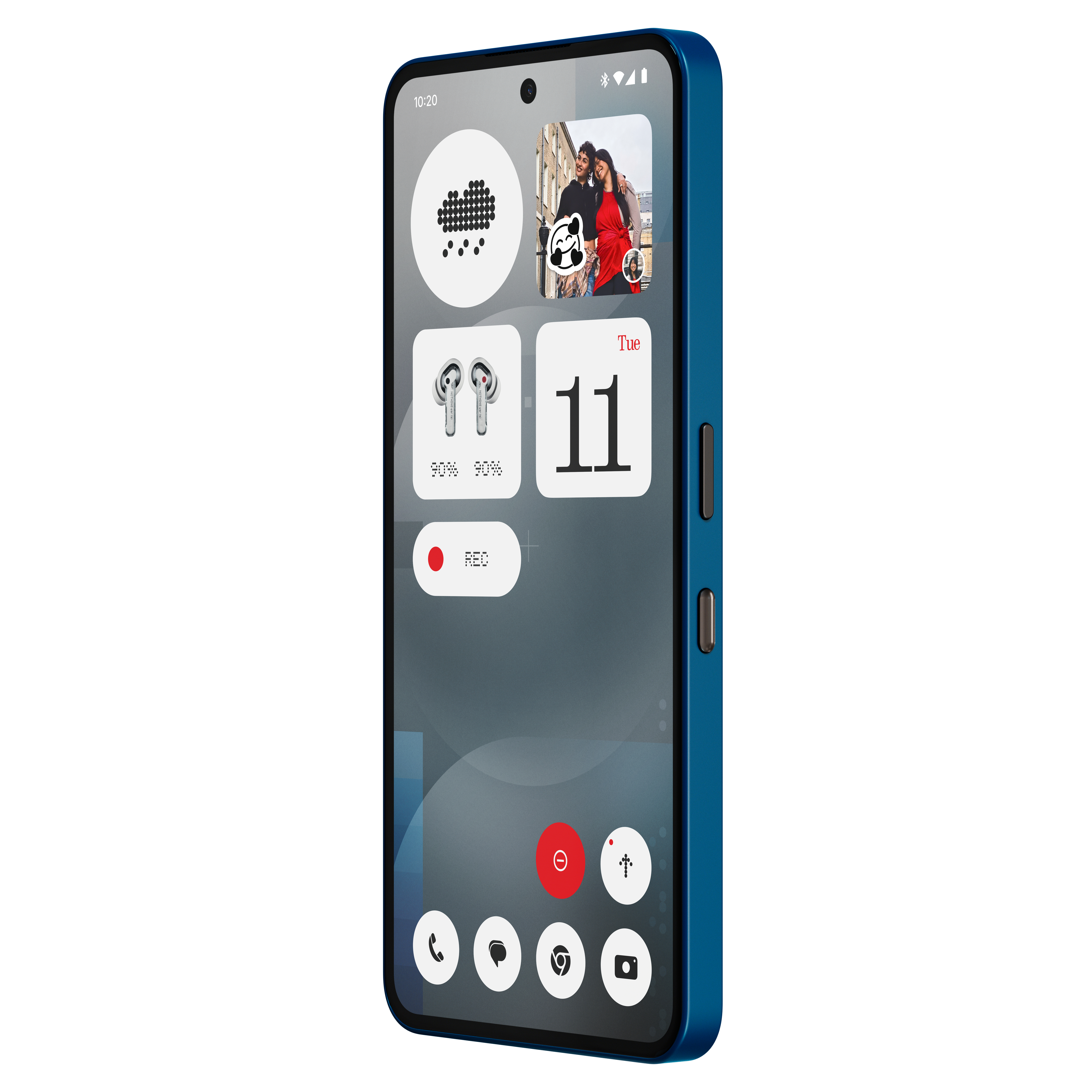 Blaues Telefon zeigt UI mit Symbolen und Fotos. Telefon auf weißem Hintergrund.