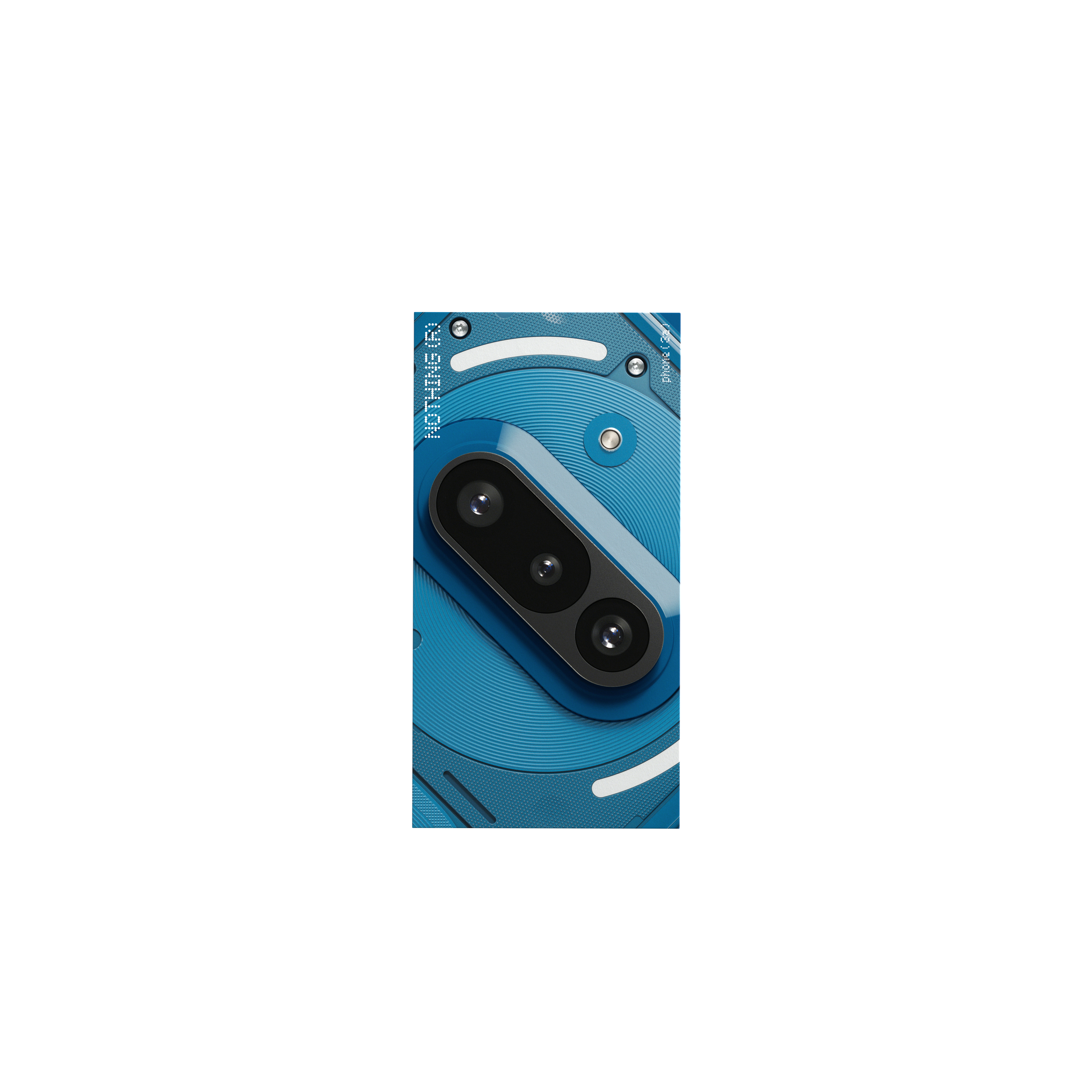 Nahaufnahme der blauen Telefonrückseite mit Kamera und Lichtern. Weißer Hintergrund.