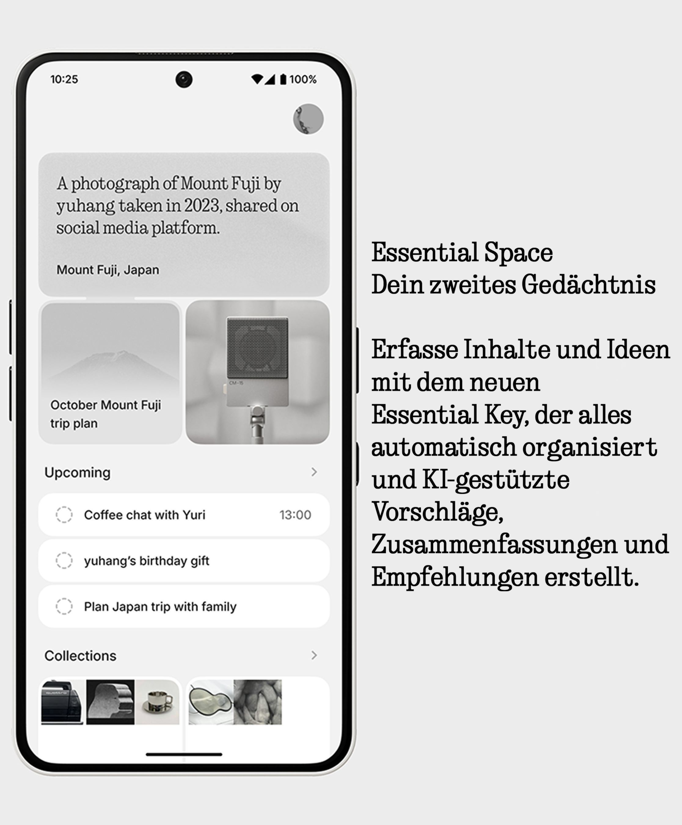 Smartphone mit Fuji-Foto, Kalender und bevorstehenden Ereignissen.