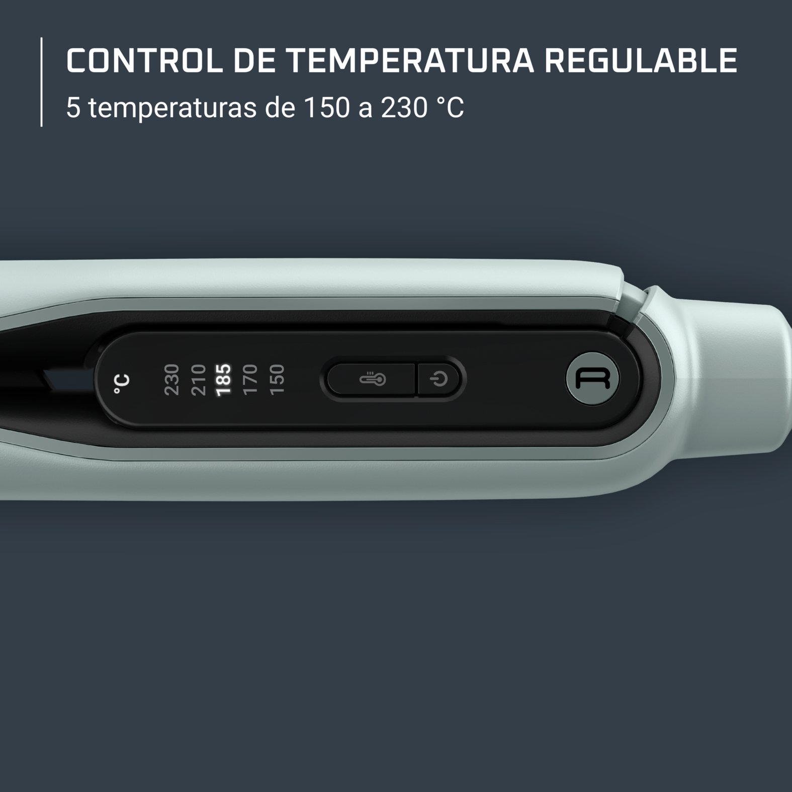 Plancha de pelo con pantalla digital de temperatura en grados Celsius.