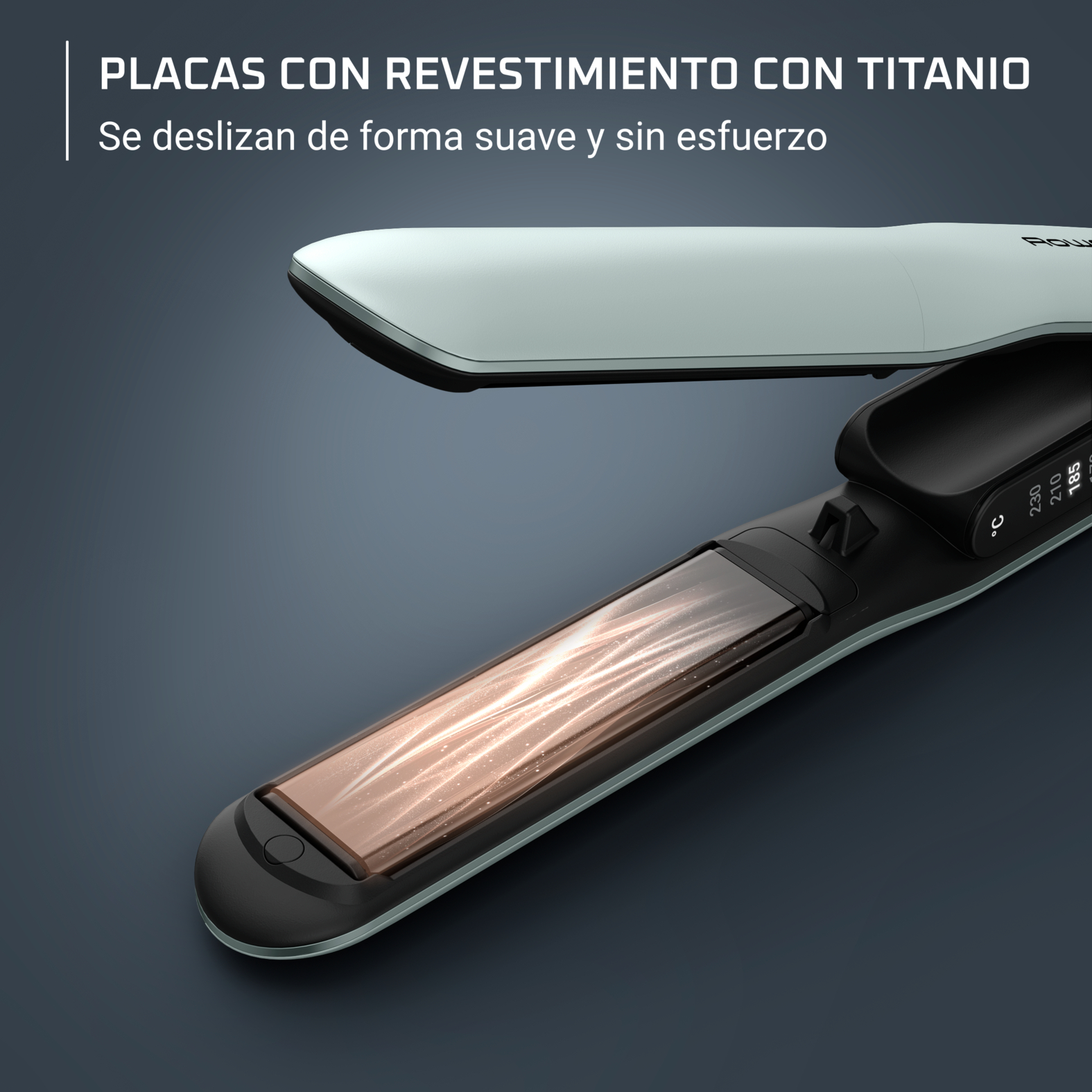 Primer plano de plancha, mostrando placas de titanio y efecto brillante.