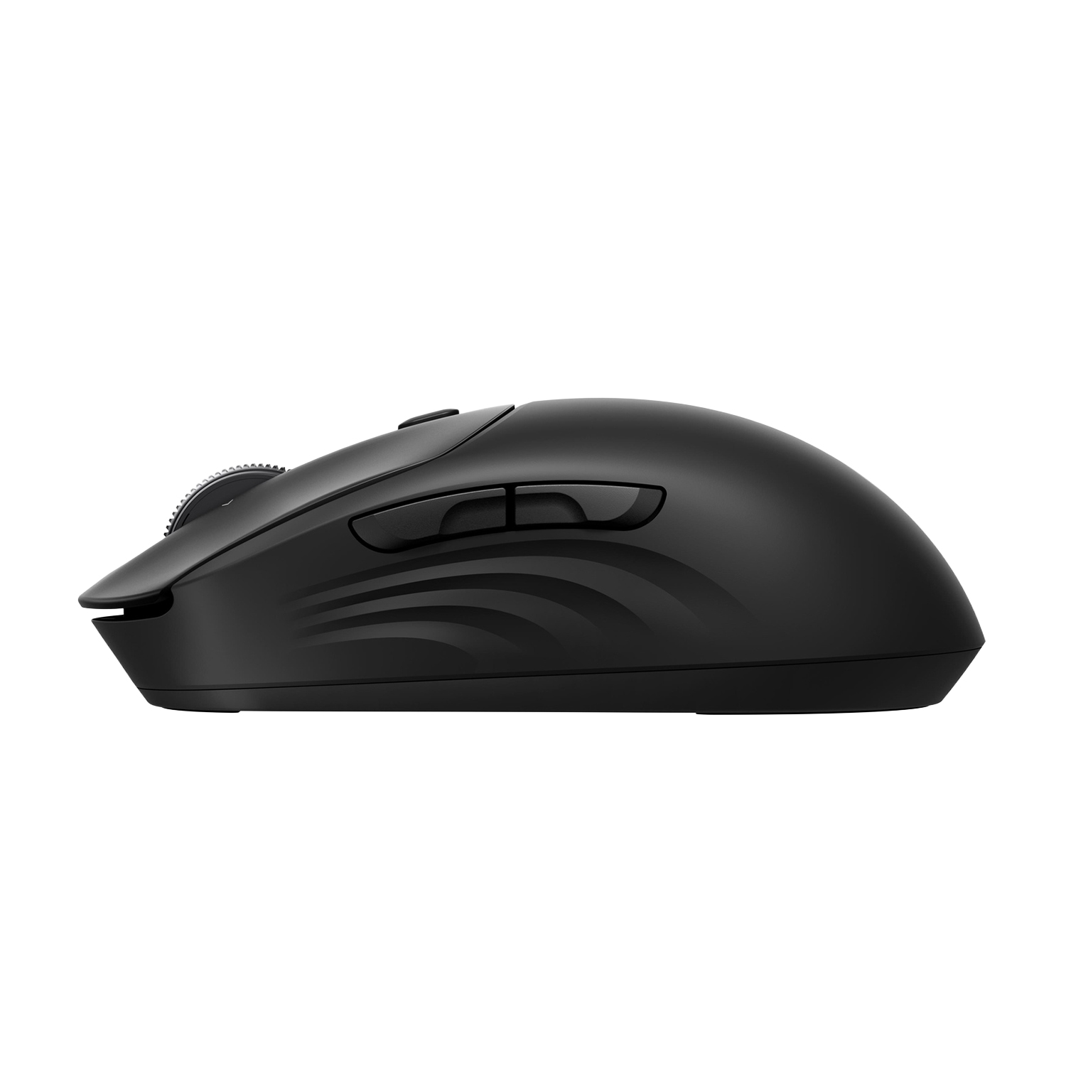 Vista laterale di un mouse wireless nero. Ha pulsanti laterali e una rotella.