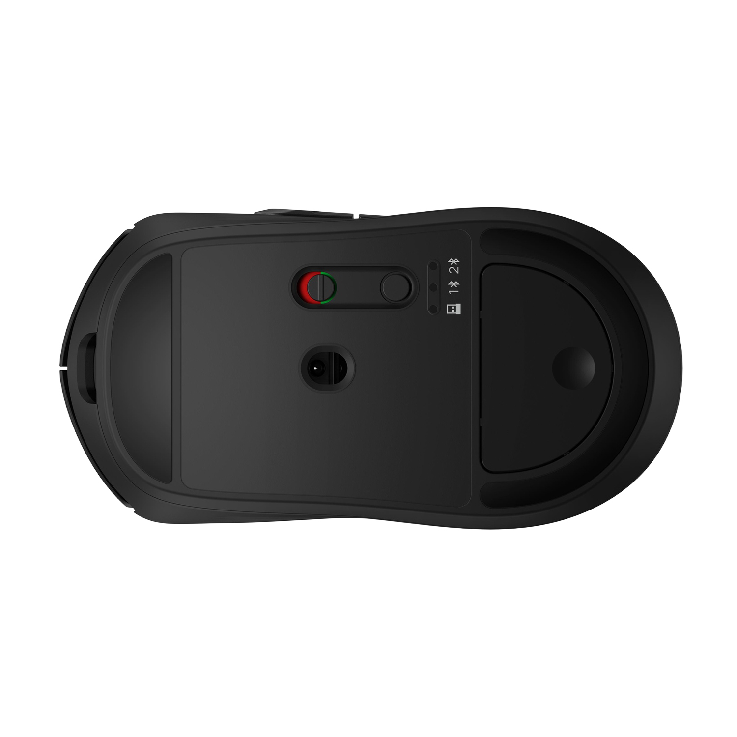 Vista inferiore di un mouse wireless nero. Mostra il pulsante di accensione, il sensore e la porta di ricarica.