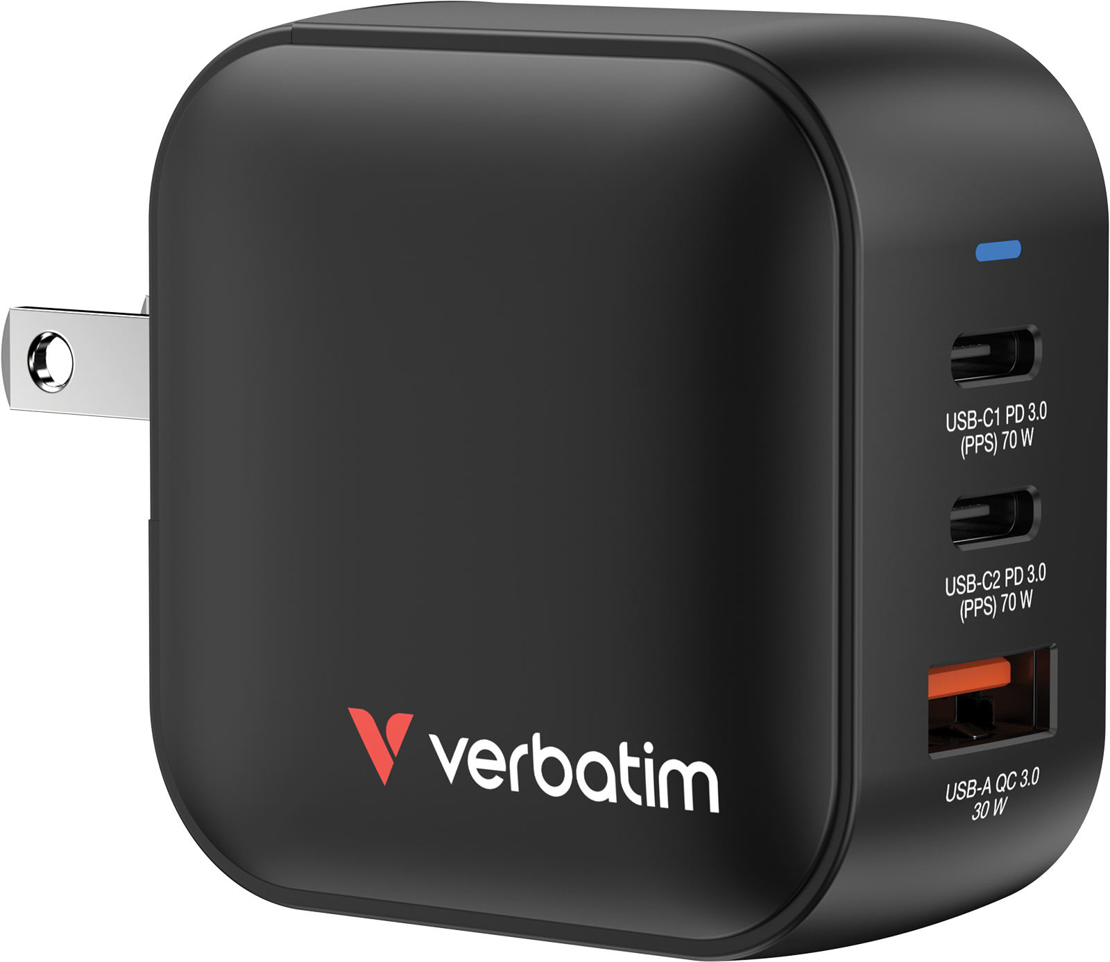 Fekete Verbatim töltő amerikai dugóval és három USB porttal.