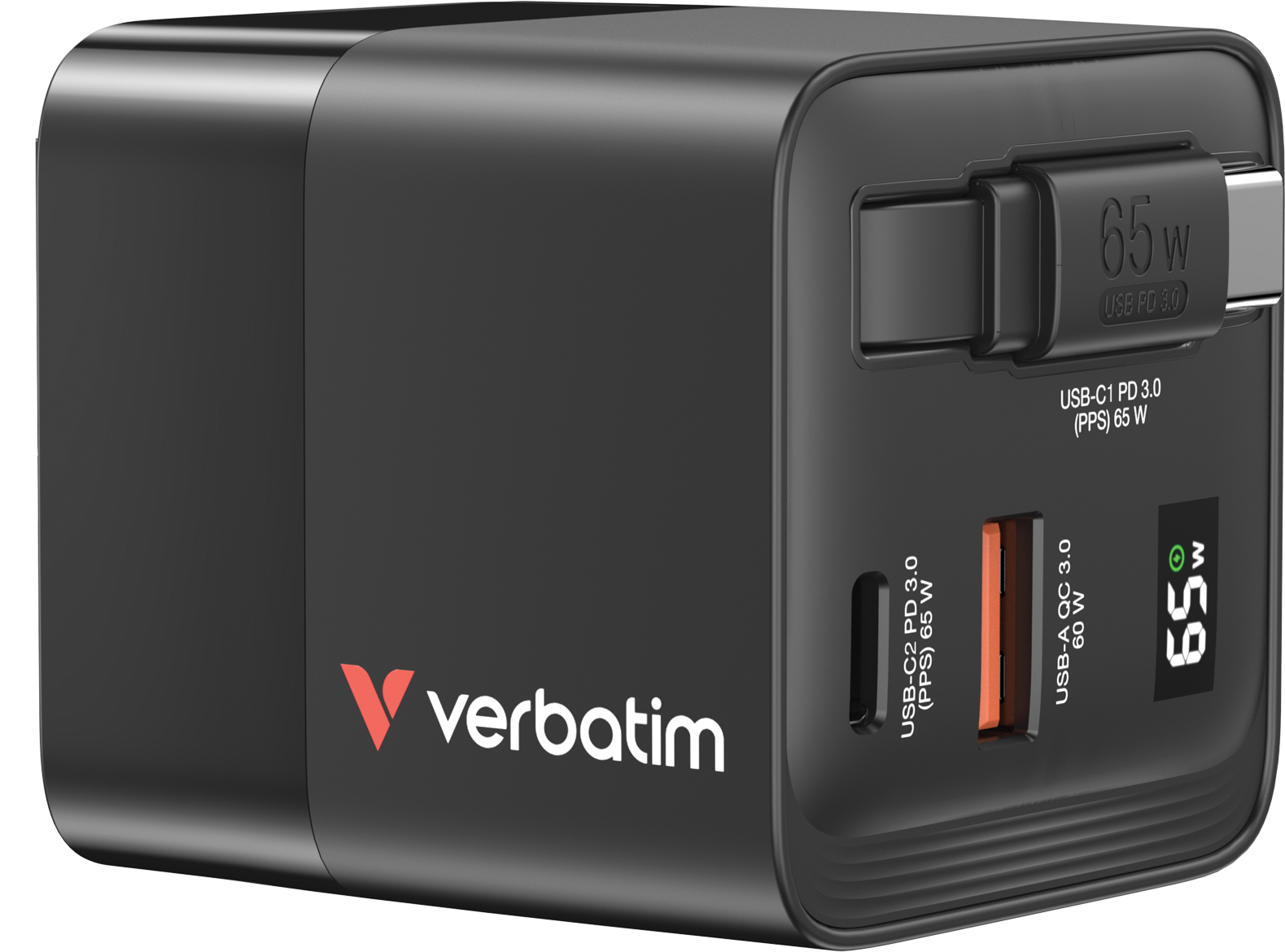 VERBATIM GaN 2 portos hálózati adapter, 65W, 2xUSB-C, USB-A, US, EU, UK fekete (32217)