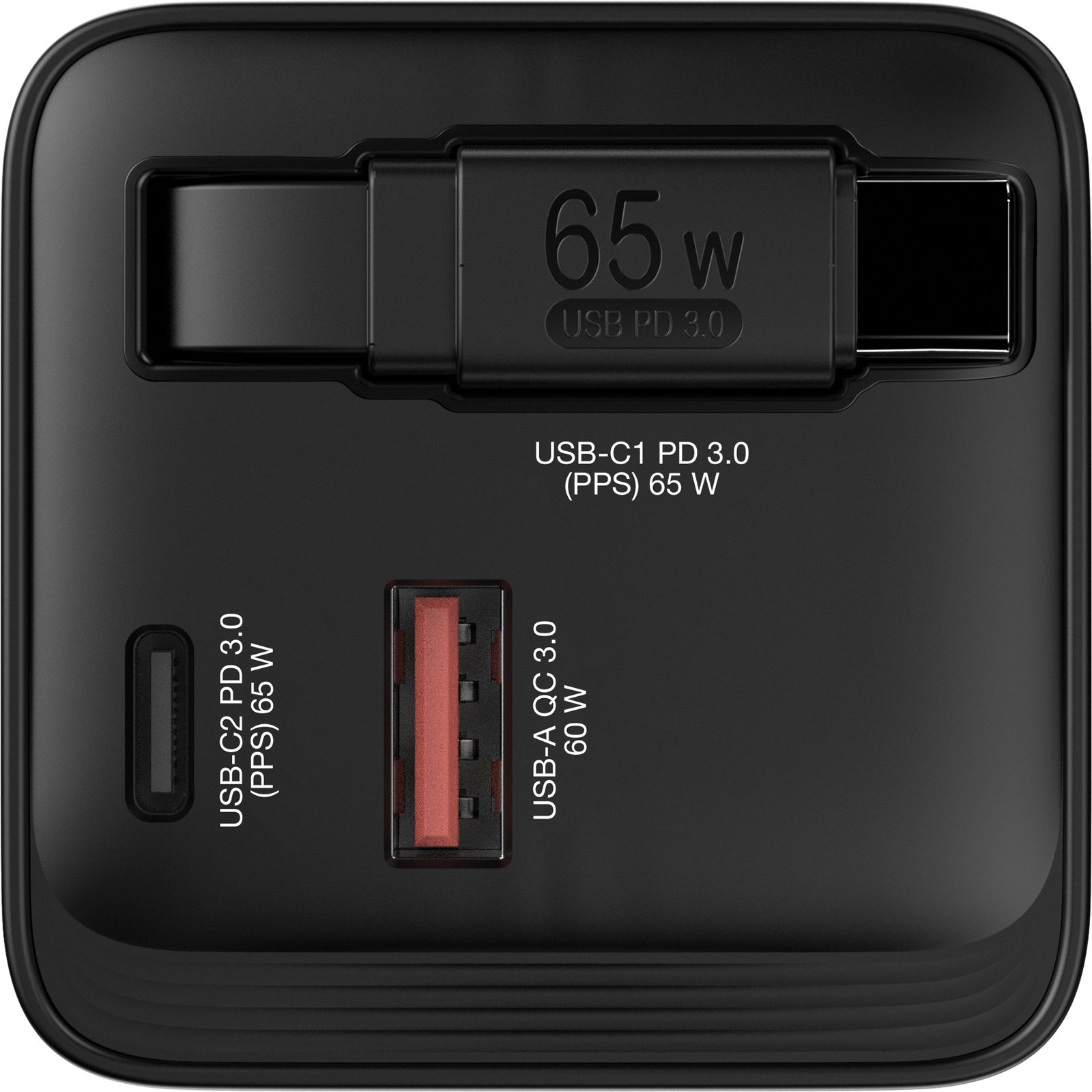 Fekete töltő több porttal és címkékkel; USB-C és USB-A.