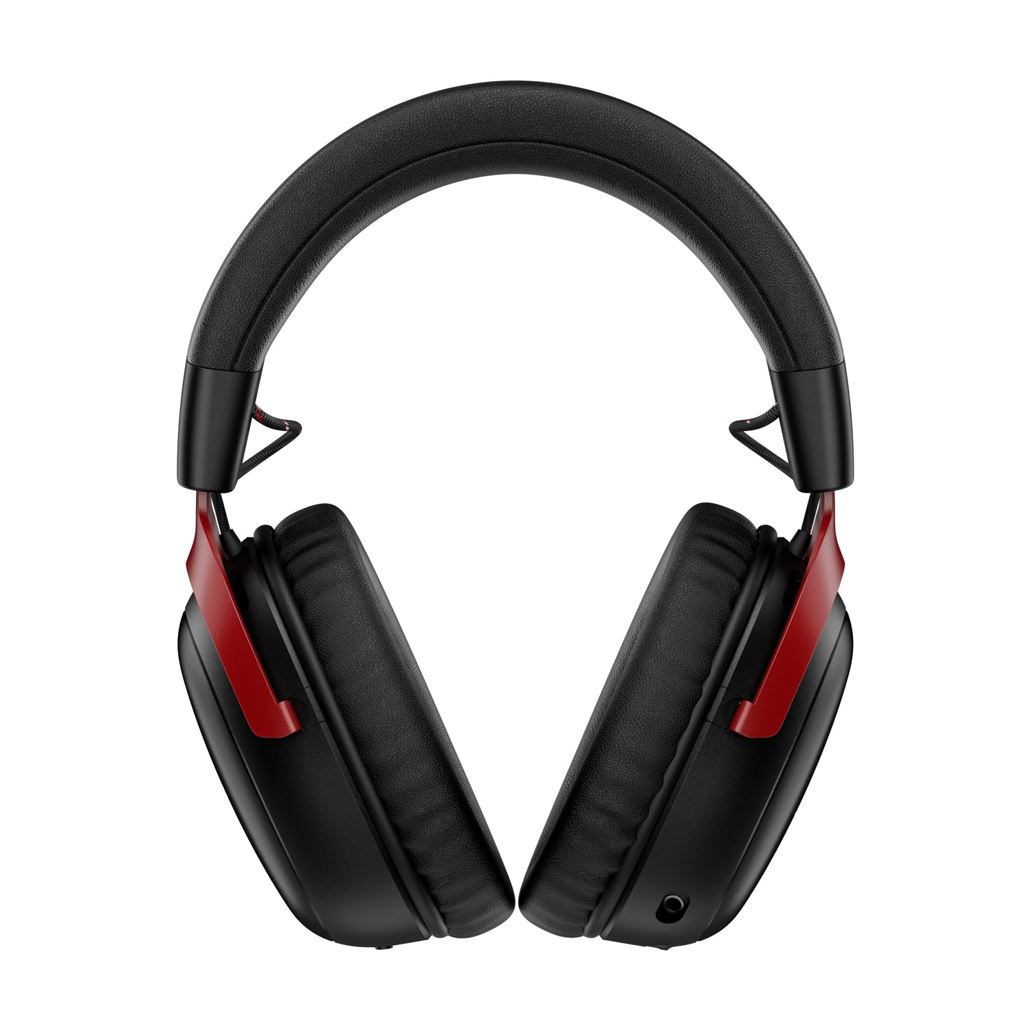 Cuffie gaming, nere con dettagli rossi. Padiglioni e archetto neri. Sfondo bianco.