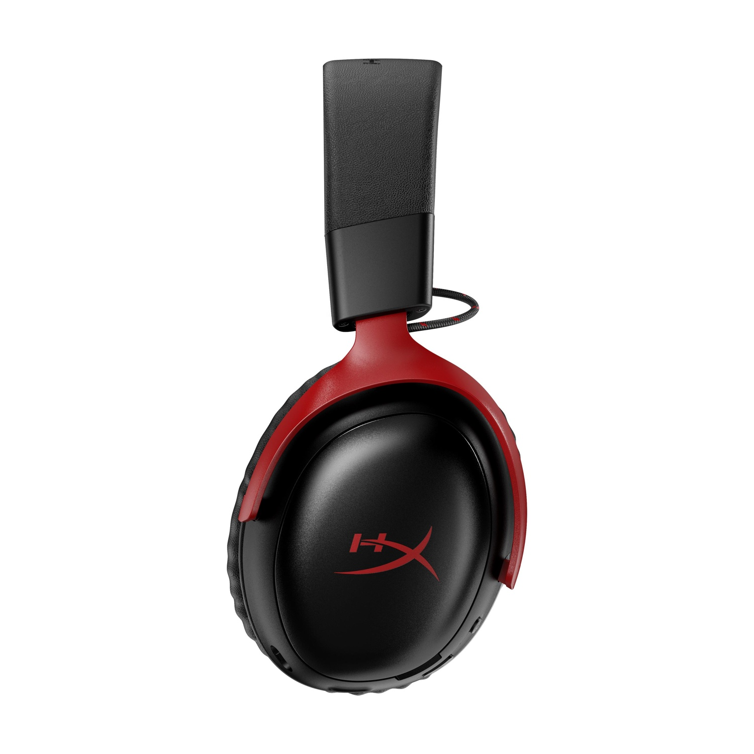 Cuffie gaming, nere con dettagli rossi. Vista laterale. Sfondo bianco.
