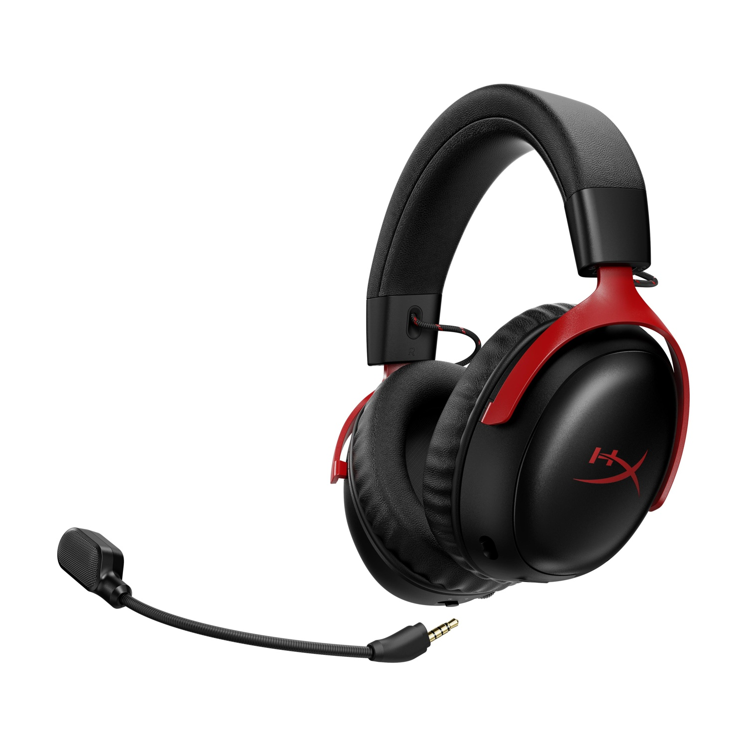 Cuffie da gaming nere e rosse. Archetto e padiglioni neri, dettagli rossi. Microfono collegato. Sfondo bianco.