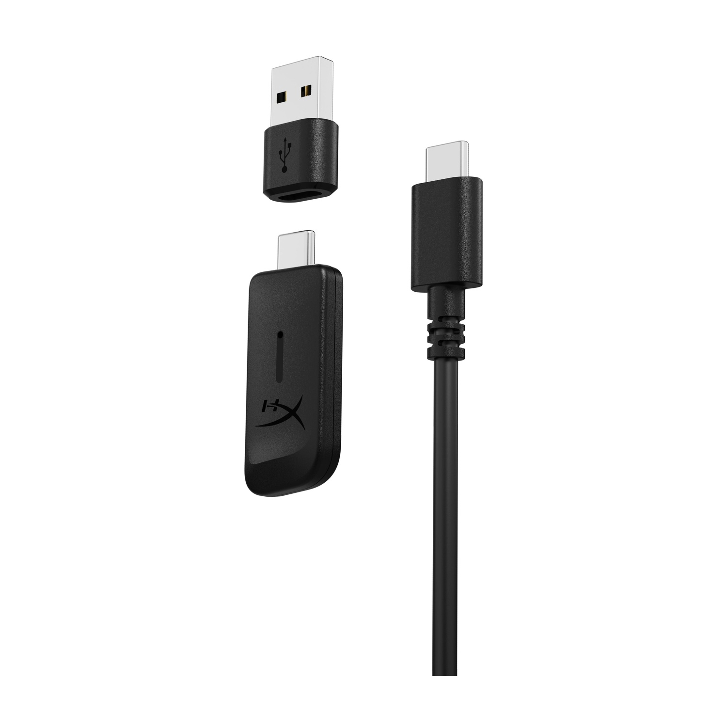 Adattatore HyperX nero con connettori USB e USB-C. Cavo nero. Sfondo bianco.