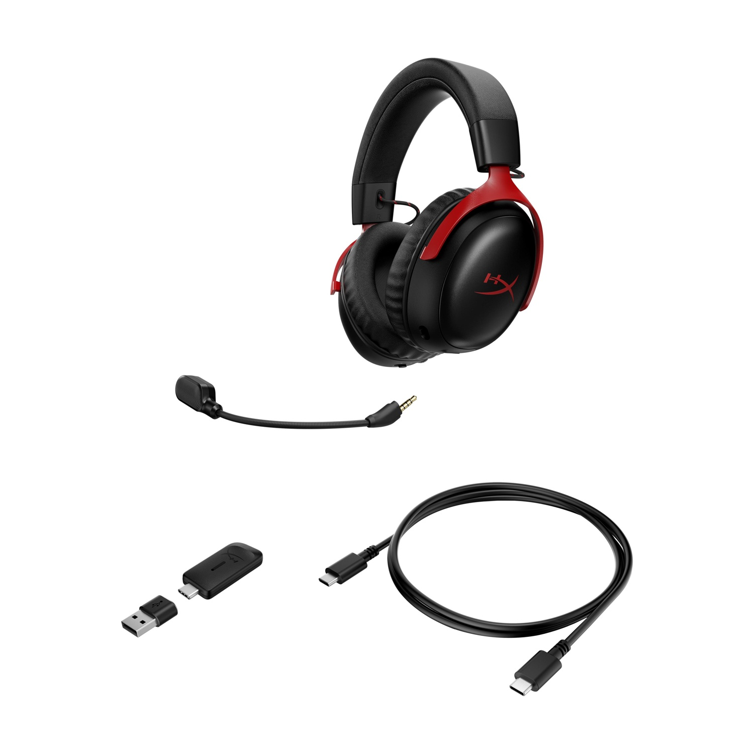 Cuffie gaming, nere con dettagli rossi, con adattatore e cavo. Sfondo bianco.