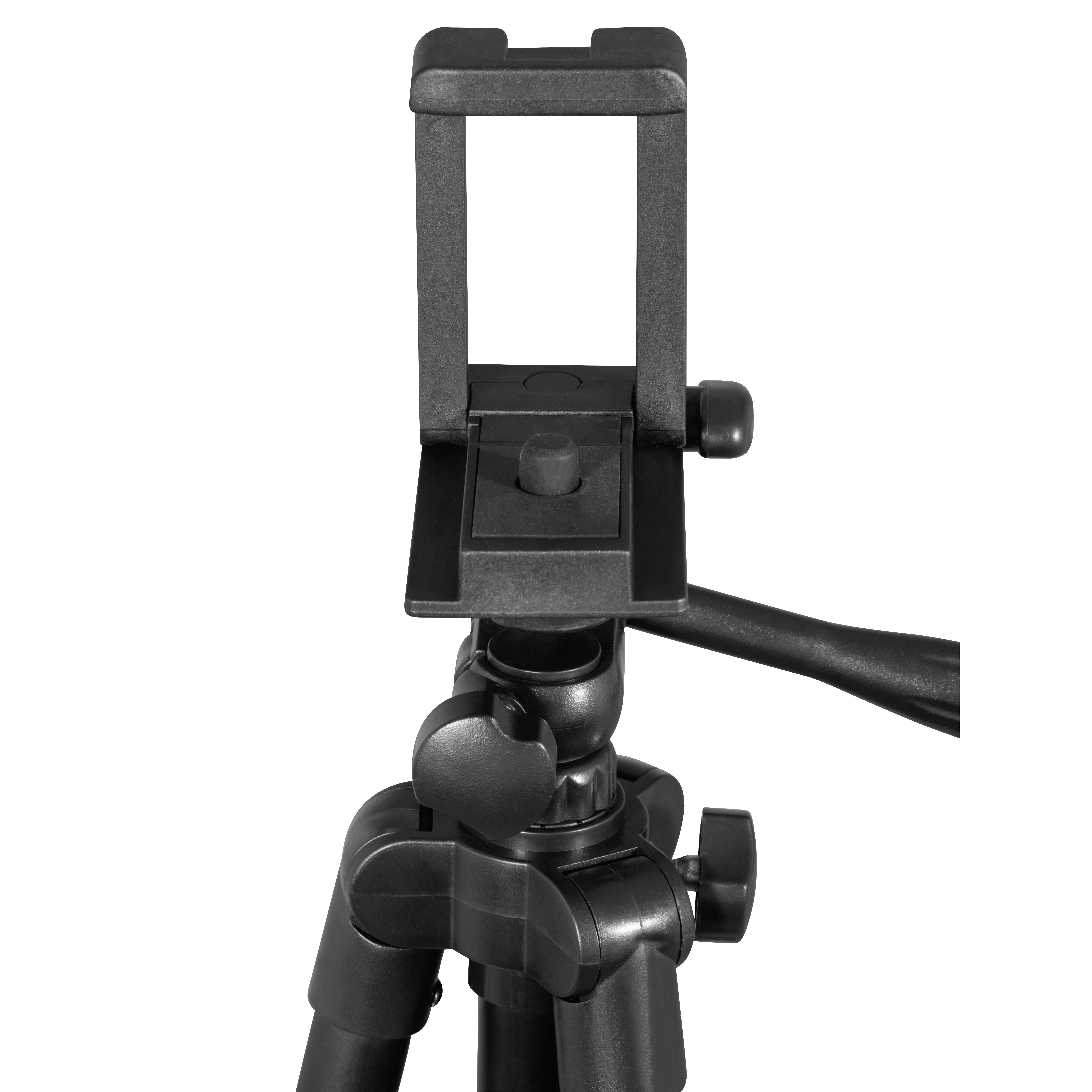 Telefon tutuculu siyah bir tripod kafasının yakın çekimi.