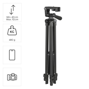 Siyah bir tripod, yükseklik ve ağırlık özellikleri ve simgeler.