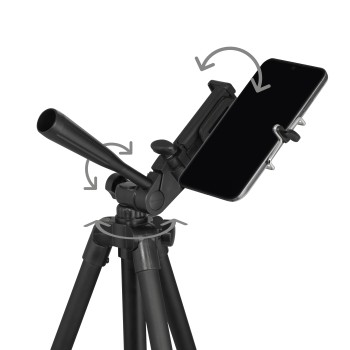 Siyah tripod telefon tutuyor, oklar ayar yönünü gösteriyor.