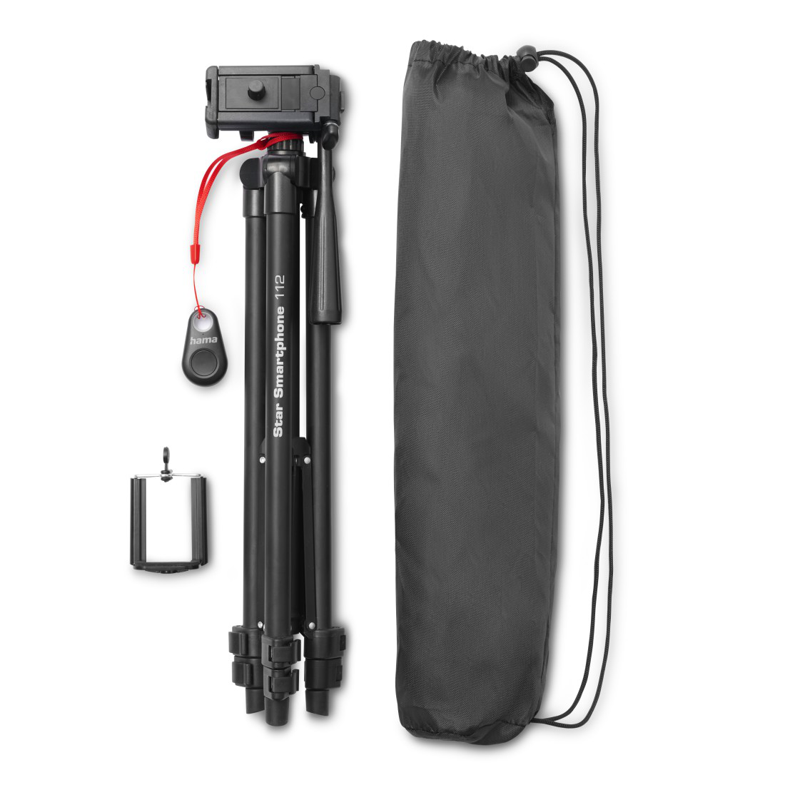 Telefon, uzaktan kumanda ve taşıma çantası olan siyah tripod.