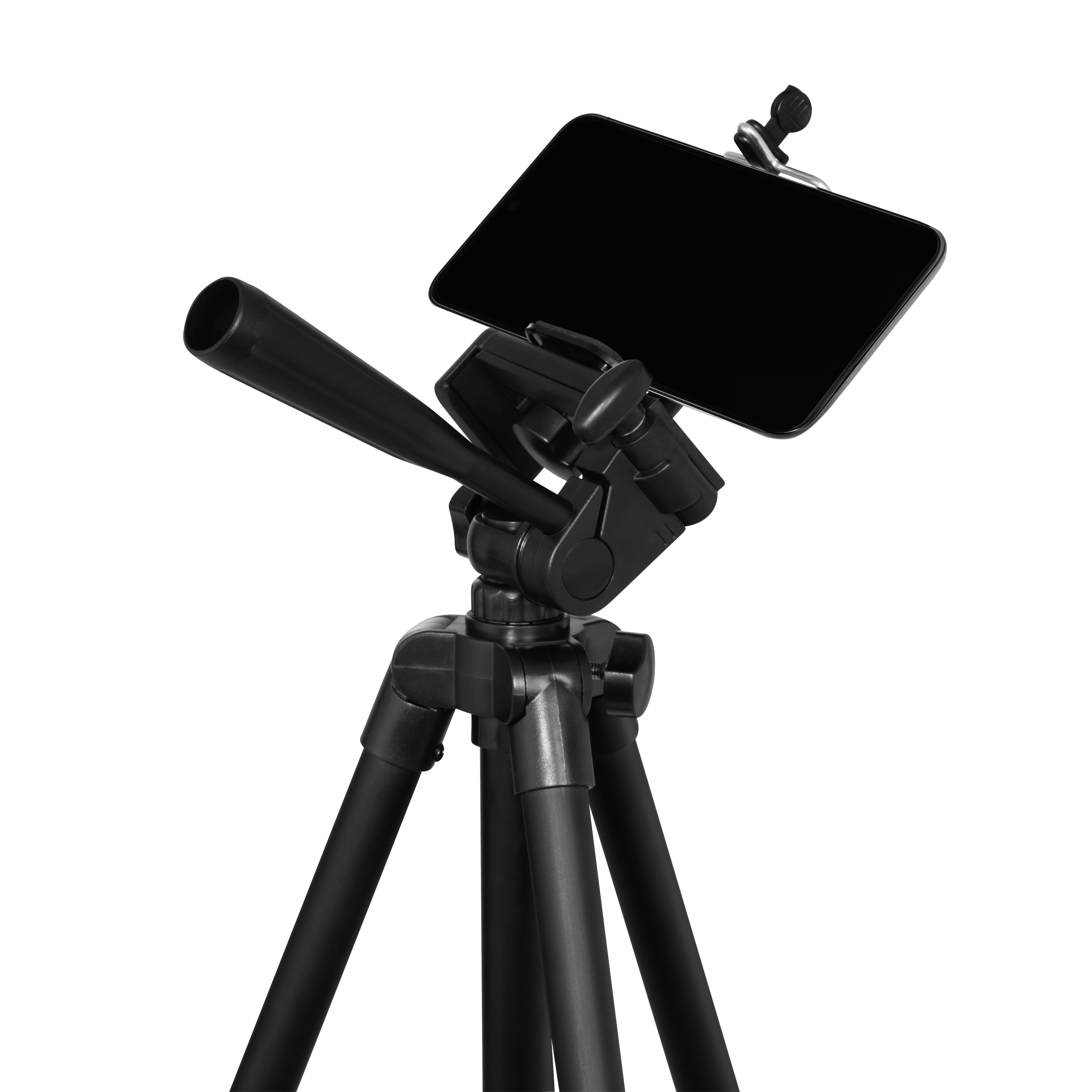 Tripod yukarı doğru açılı bir telefon tutuyor.