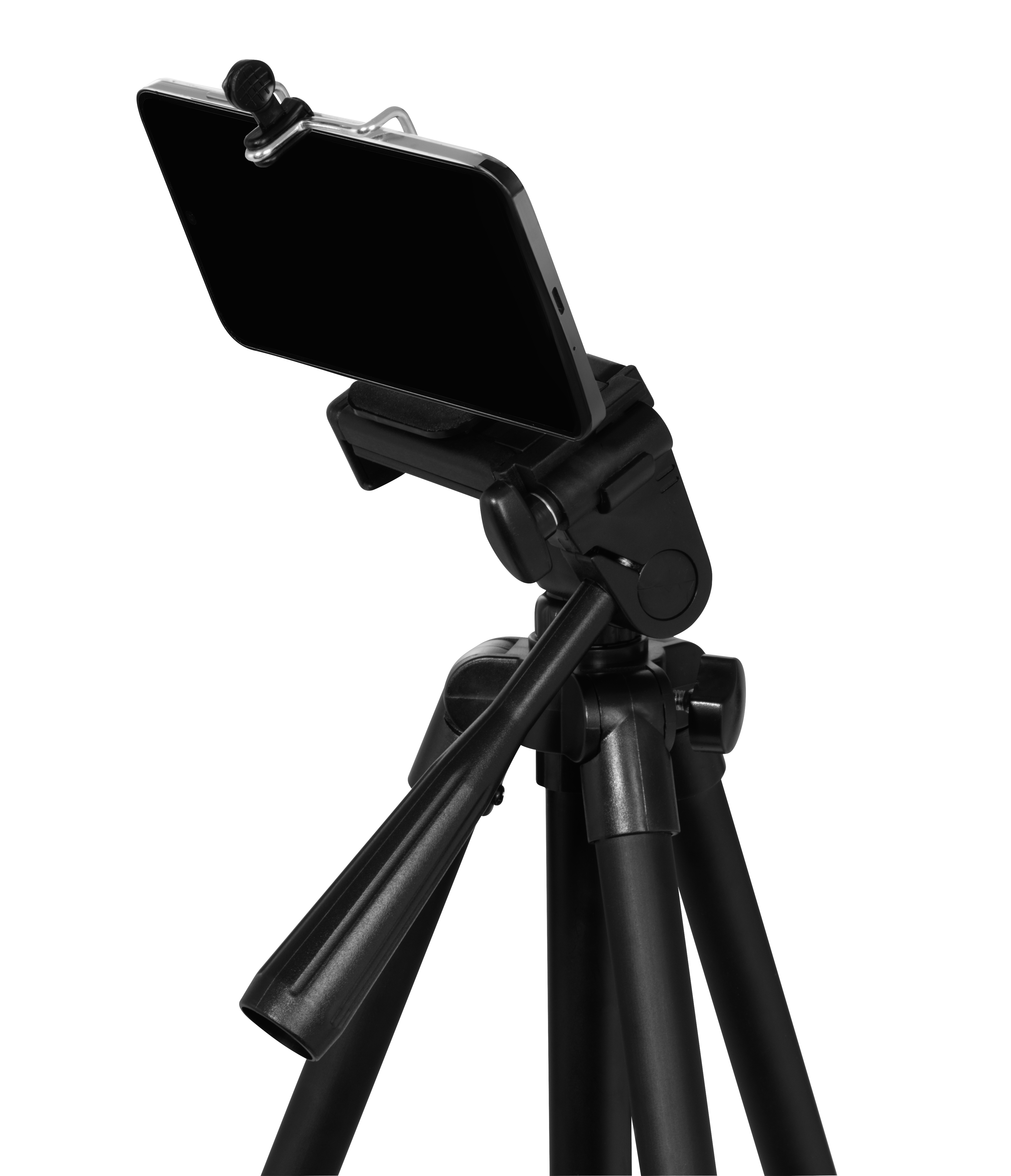Tripod yukarı doğru açılı bir telefon tutuyor.