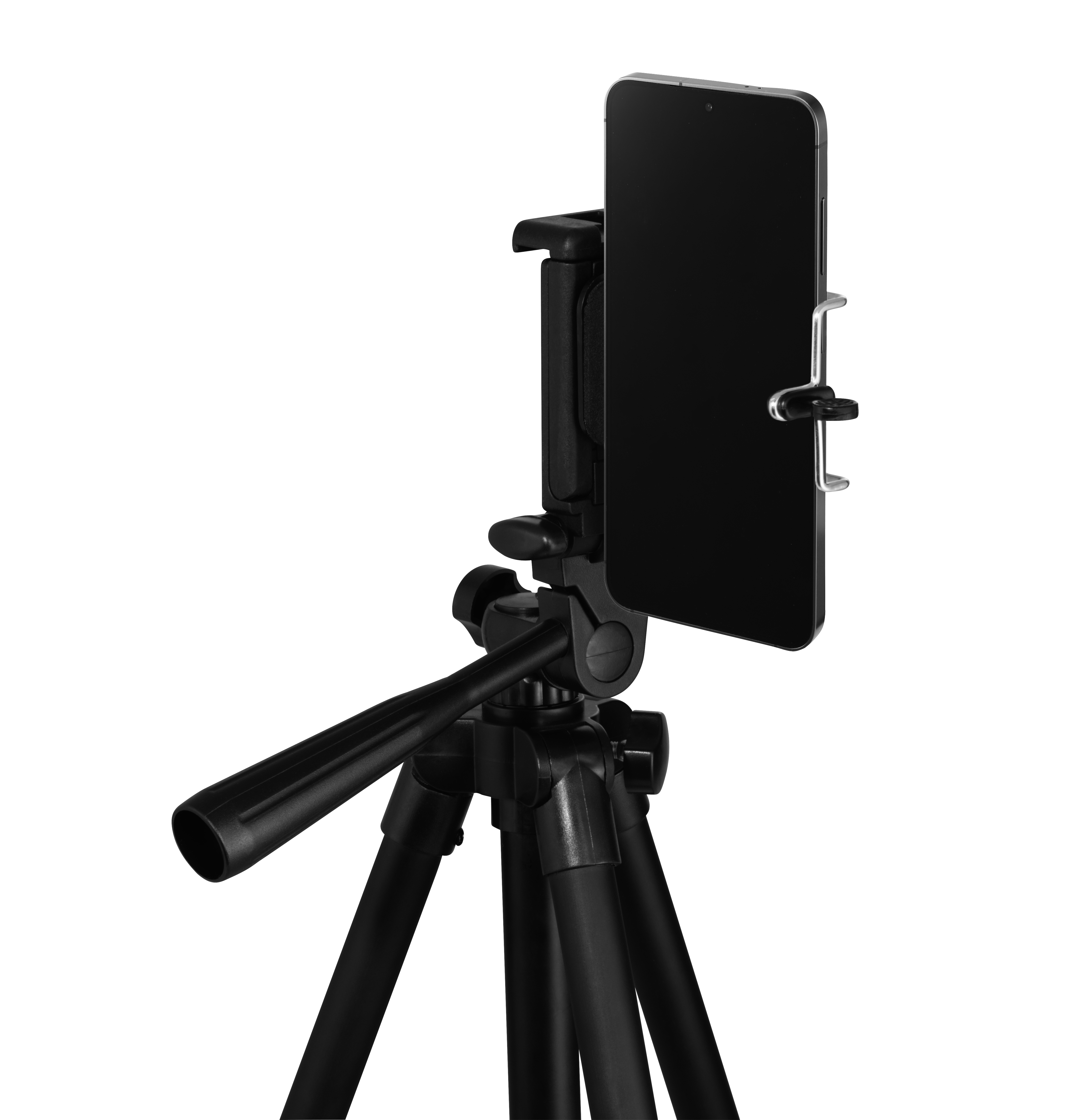 Tripod, açılı bir telefon tutuyor.