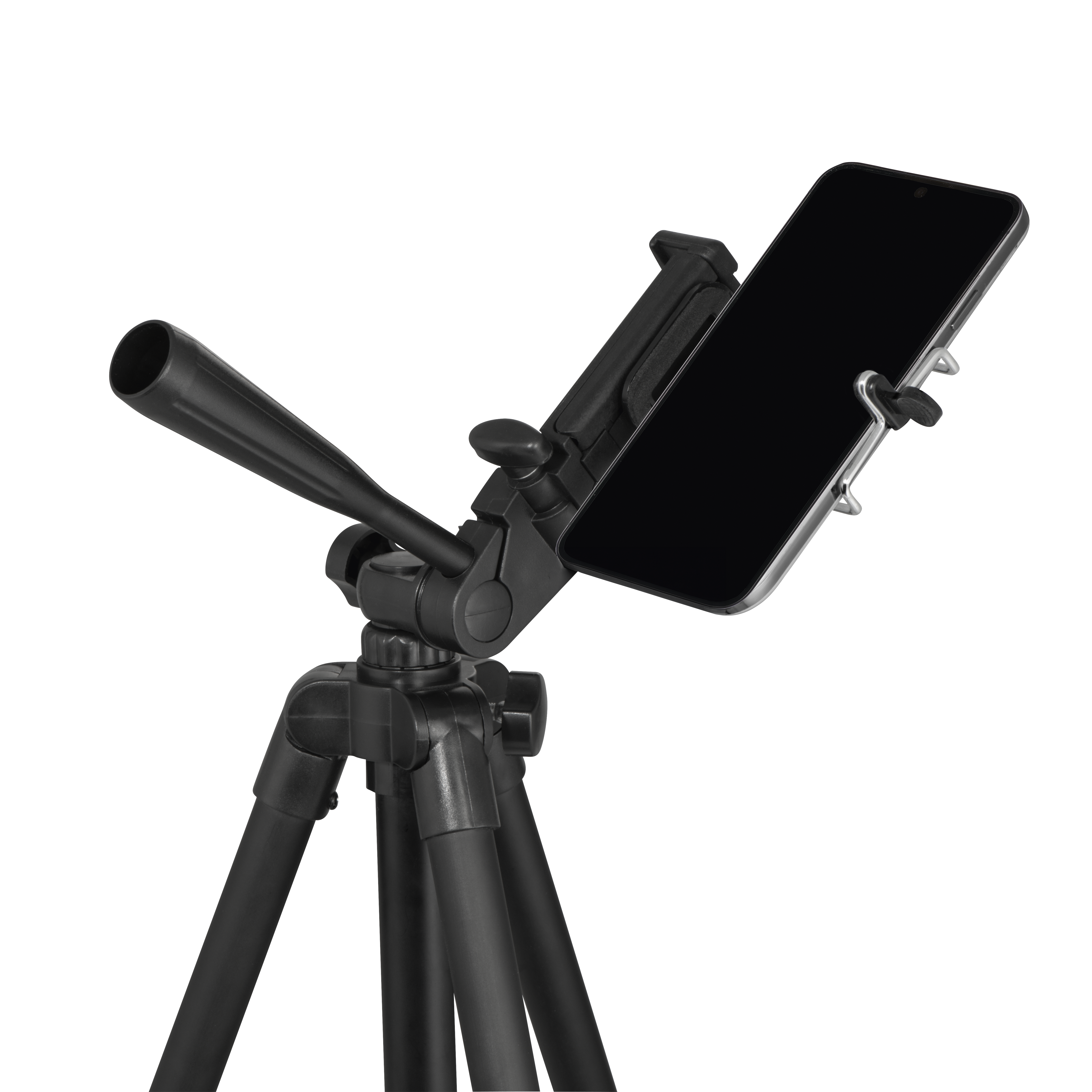 Tripod, açılı, siyah arka planlı bir telefon tutuyor.