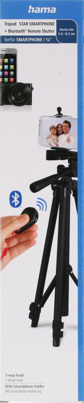 Tripod kutusu. Siyah tripod, akıllı telefon ve Bluetooth uzaktan kumanda gösterilir. Kutu beyaz ve mavidir.