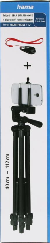 Tripod kutusu. Siyah tripod, akıllı telefon tutucu ve uzaktan kumanda. Kutu, ürün adıyla beyaz ve mavidir.