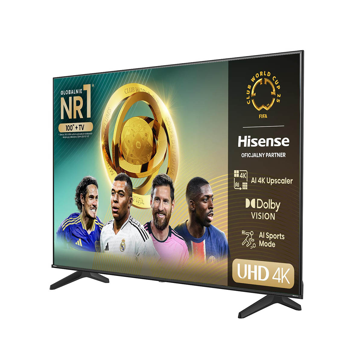 Telewizor Hisense wyświetla piłkarzy, trofeum i logo FIFA. Posiada UHD 4K i funkcje sportowe.