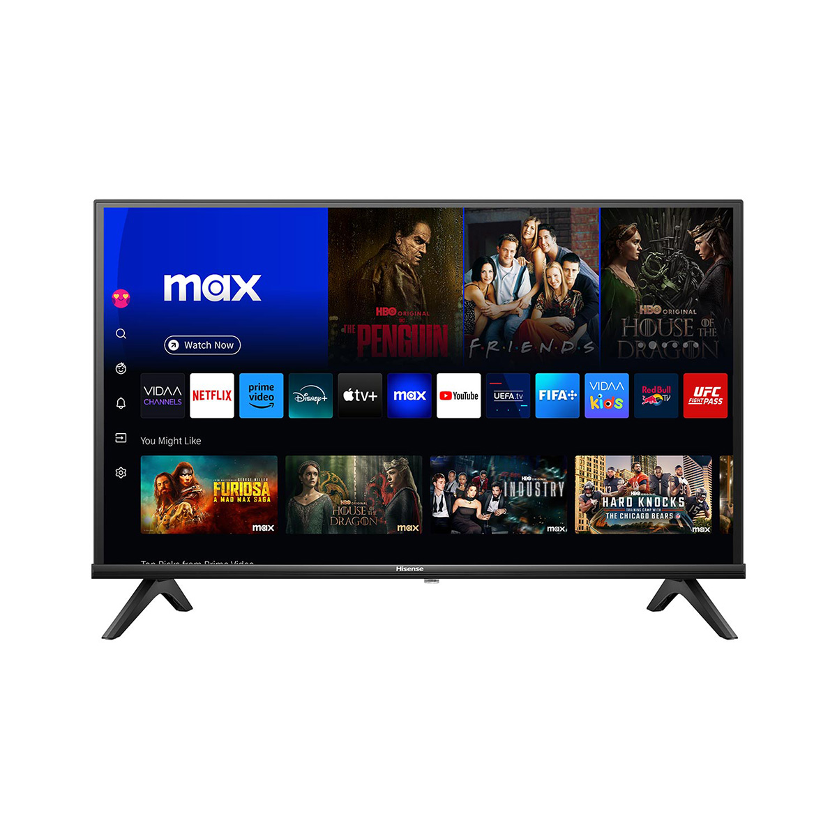 Czarny telewizor wyświetla aplikacje i programy usług streamingowych. Stoi na czarnym stojaku.