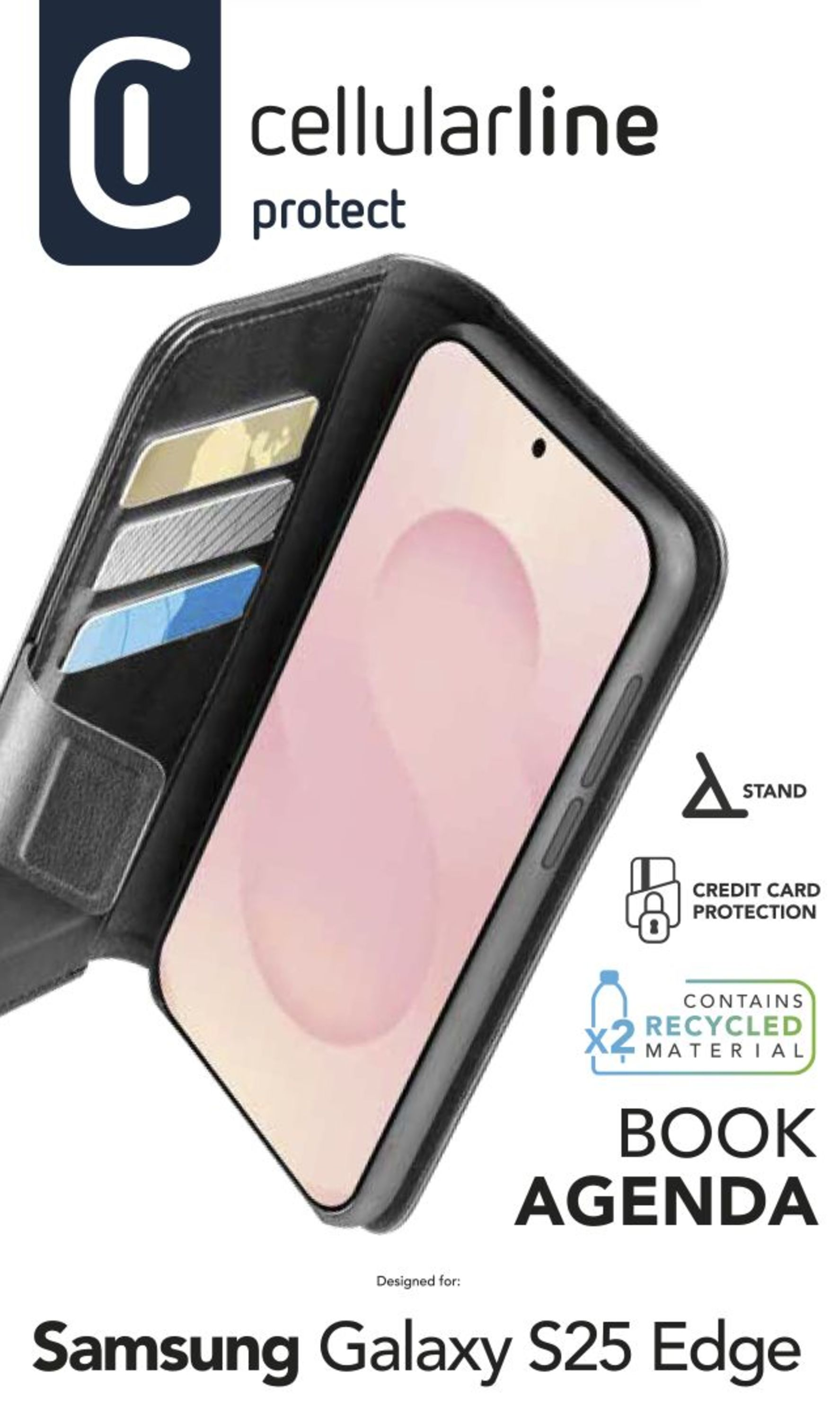 Schwarze Handyhülle, geöffnet, mit Telefon und Karten. Das Telefon zeigt einen rosa Bildschirm.