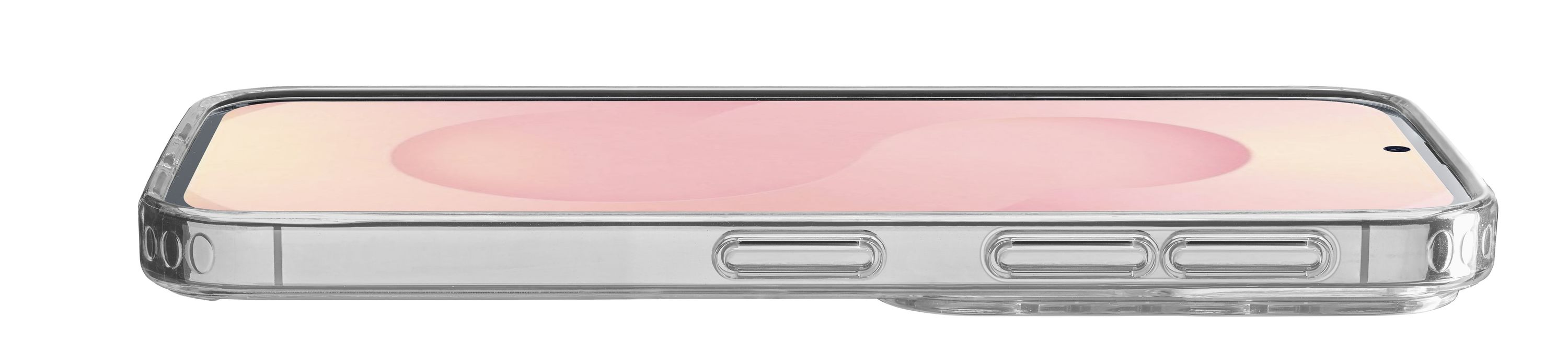 Das Telefon befindet sich in einer transparenten Hülle. Der Bildschirm zeigt eine hellrosa Farbe.