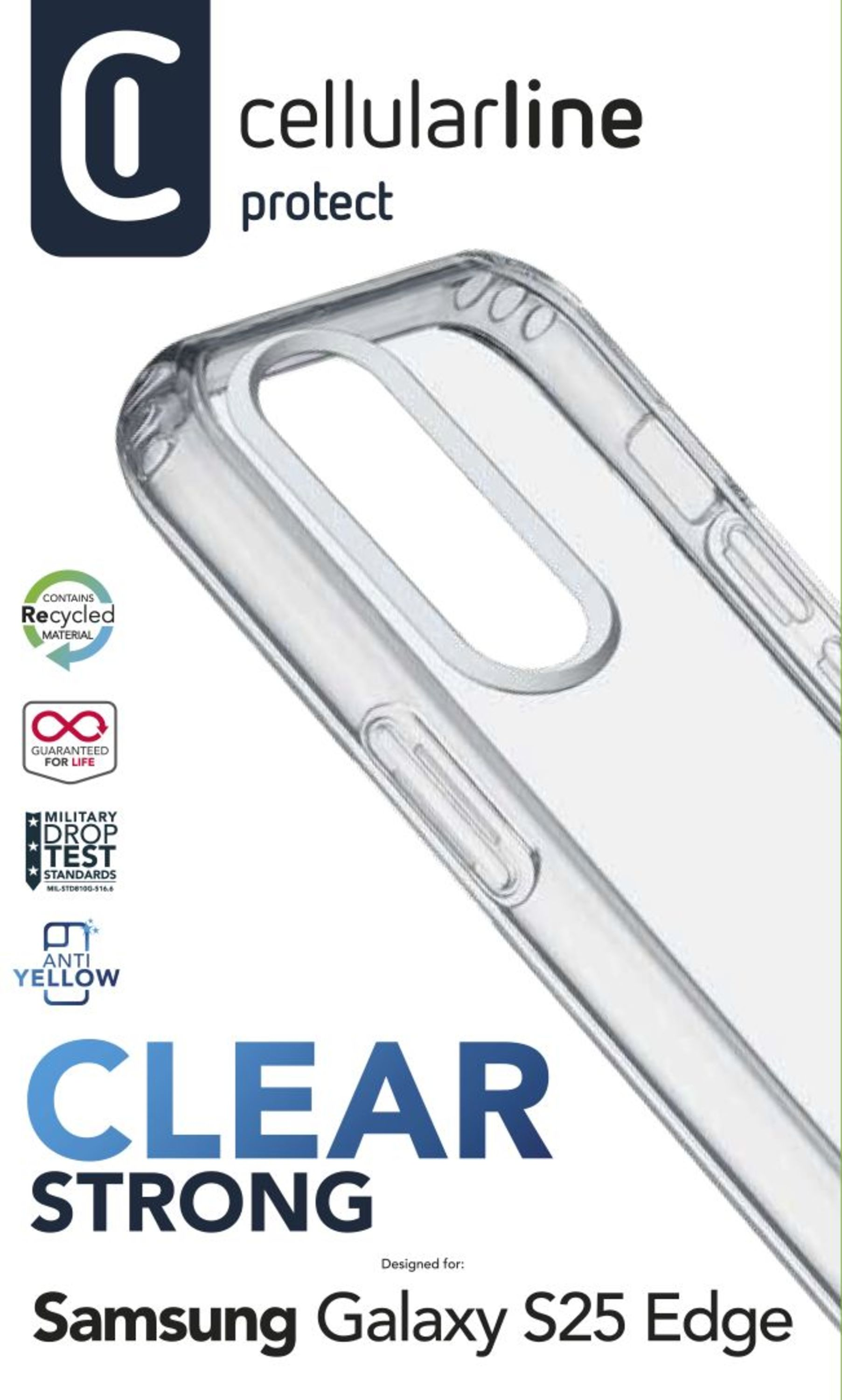 Transparente Handyhülle mit Text, entworfen für Samsung Galaxy S25 Edge. Die Hülle ist transparent.