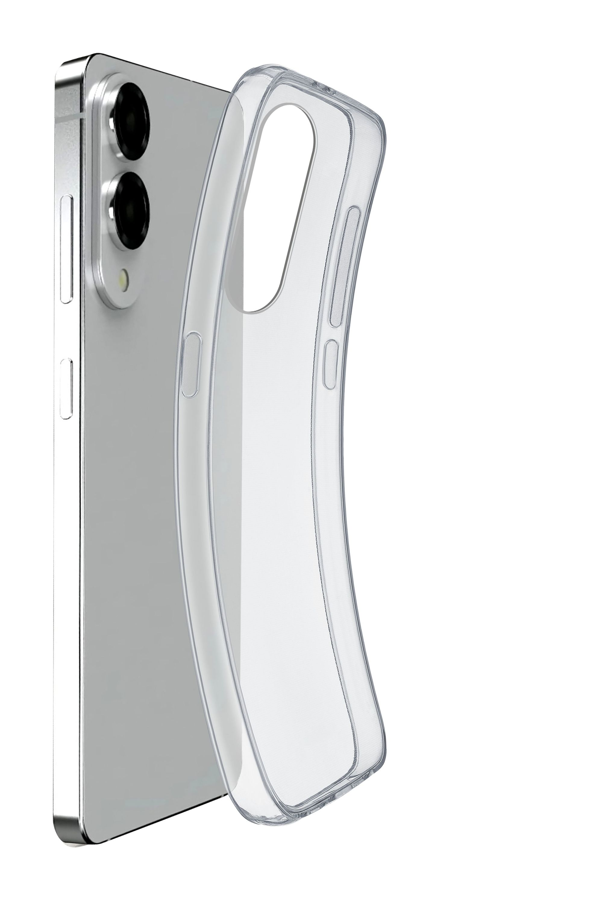 Eine transparente Handyhülle wird auf das Telefon gelegt. Die Rückseite des Telefons ist sichtbar.