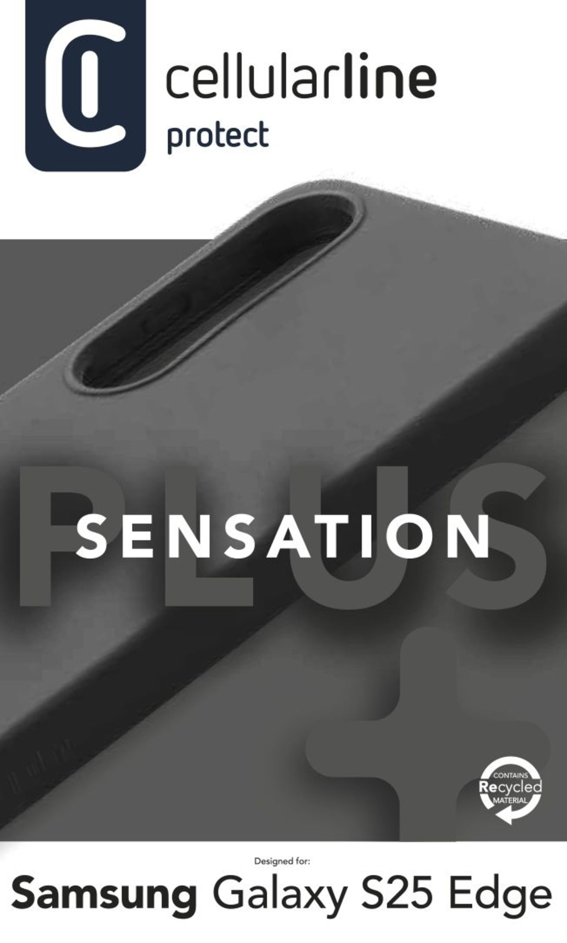 Schwarze Handyhülle mit dem Wort SENSATION. Die Marke ist cellularline protect. Entworfen für Samsung Galaxy S25 Edge.