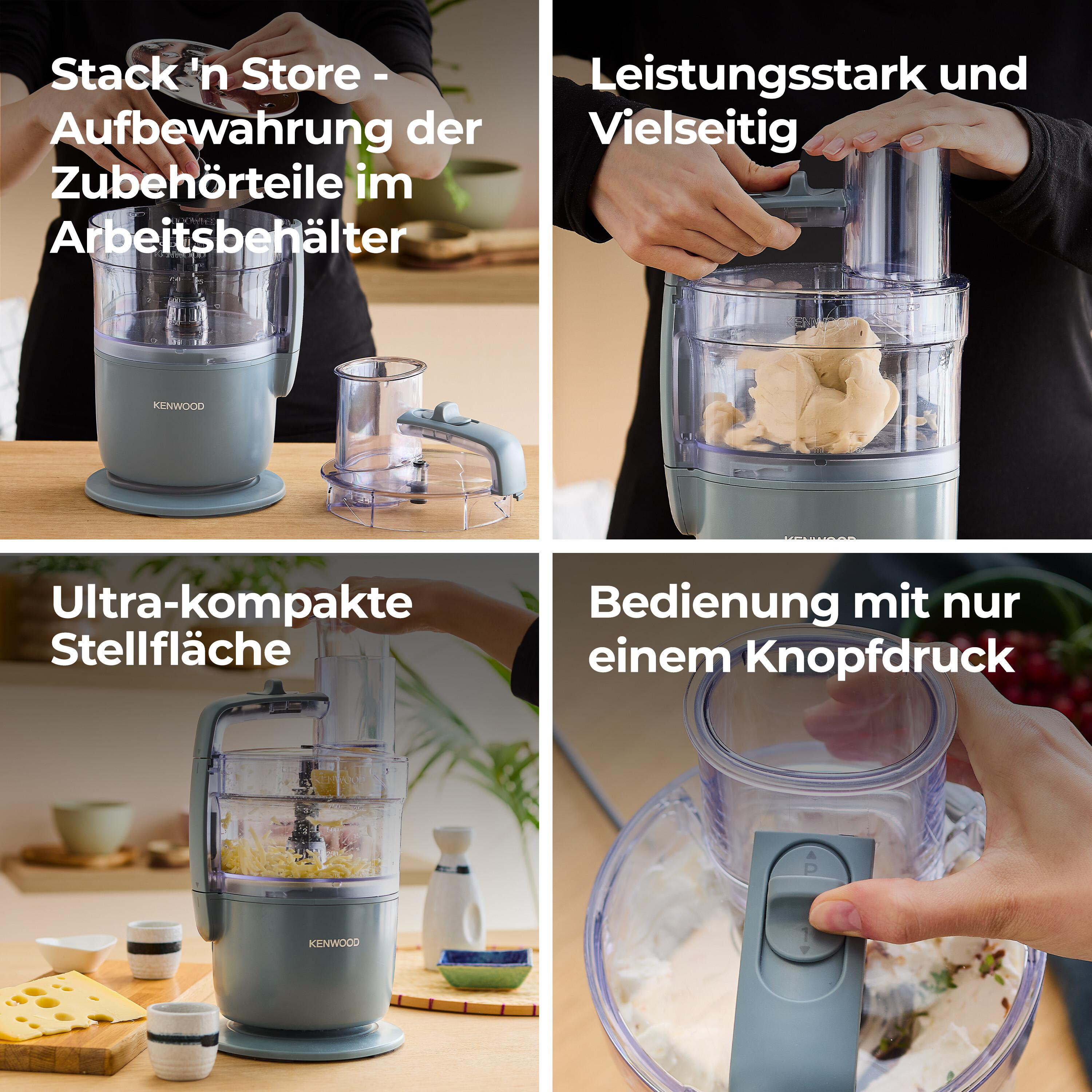 Collage von Küchenmaschinenbildern, die Komponenten und Verwendung zeigen.