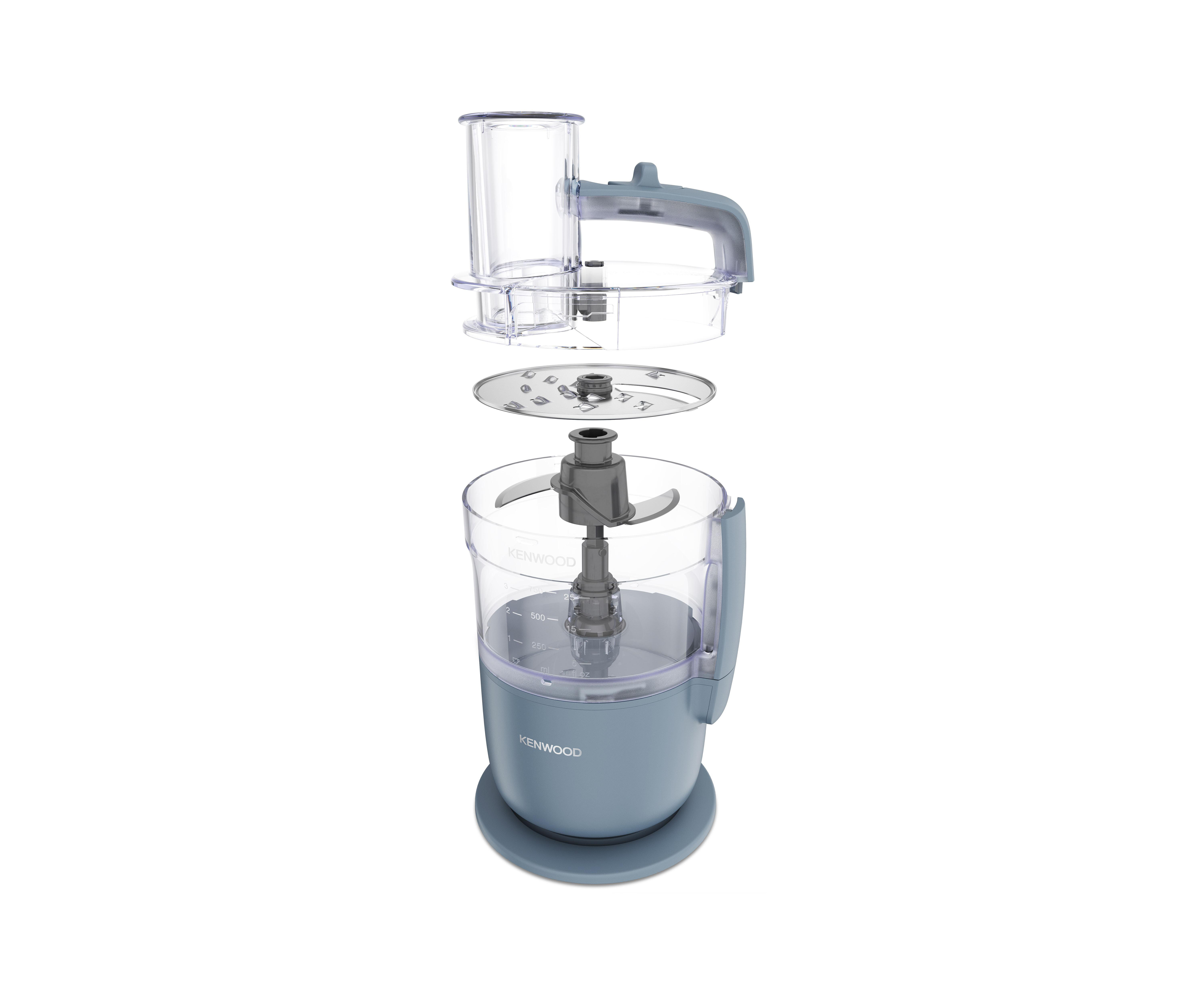 Zerlegter Food Processor. Die Teile sind getrennt. Basis, Klinge und Behälter.