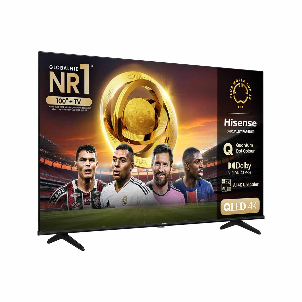 Telewizor Hisense QLED 4K pod kątem, piłkarze i loga.