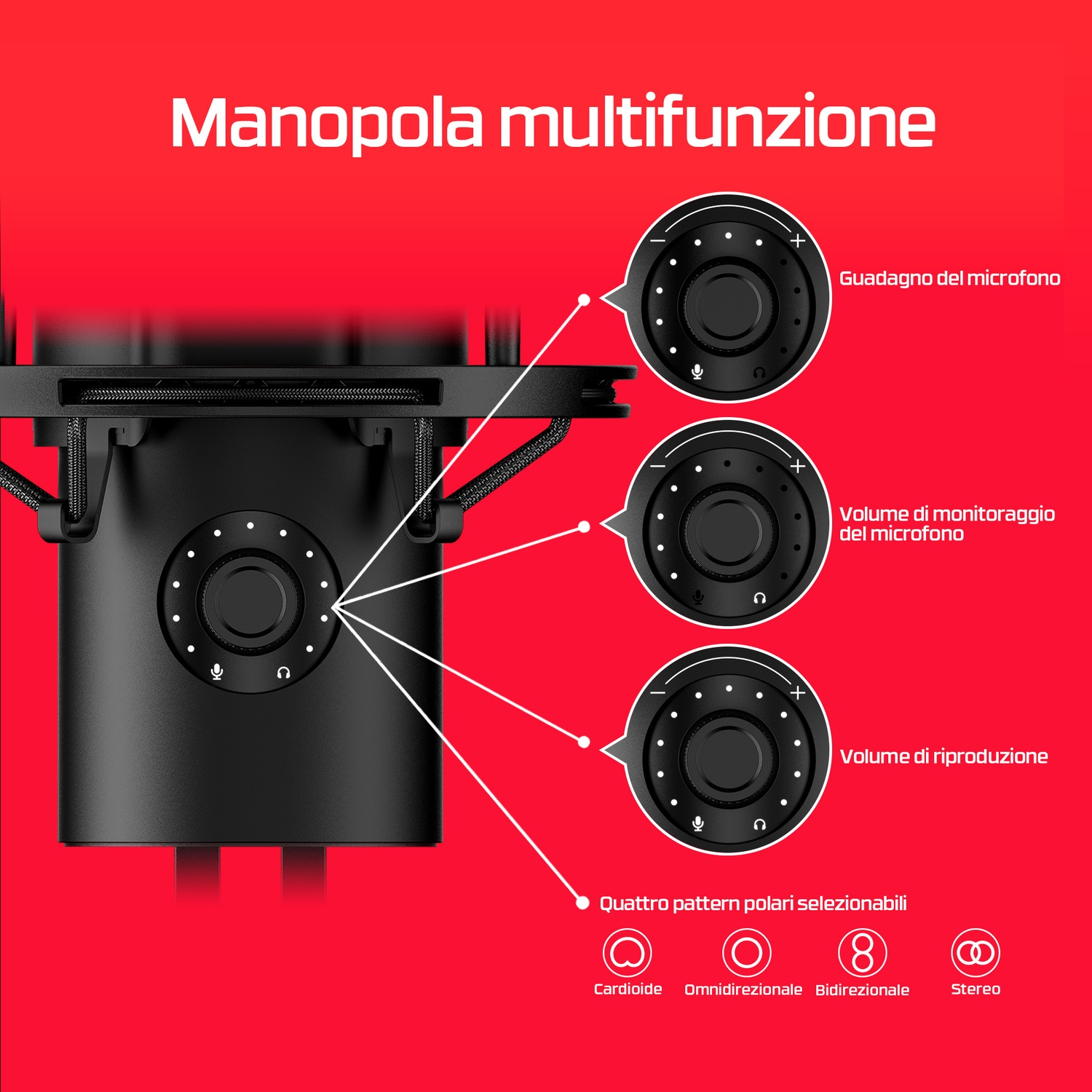 Diagramma delle direttività del microfono: cardioide, omnidirezionale, bidirezionale e stereo.
