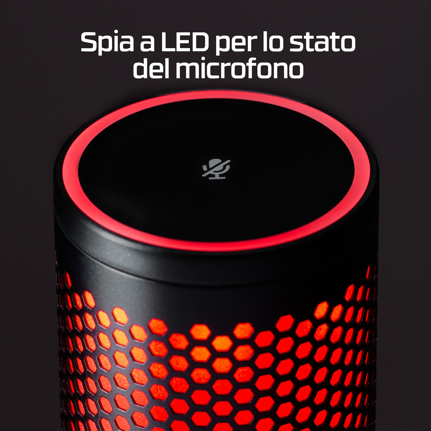 Due immagini che mostrano una mano che tocca la parte superiore del microfono per silenziarlo.