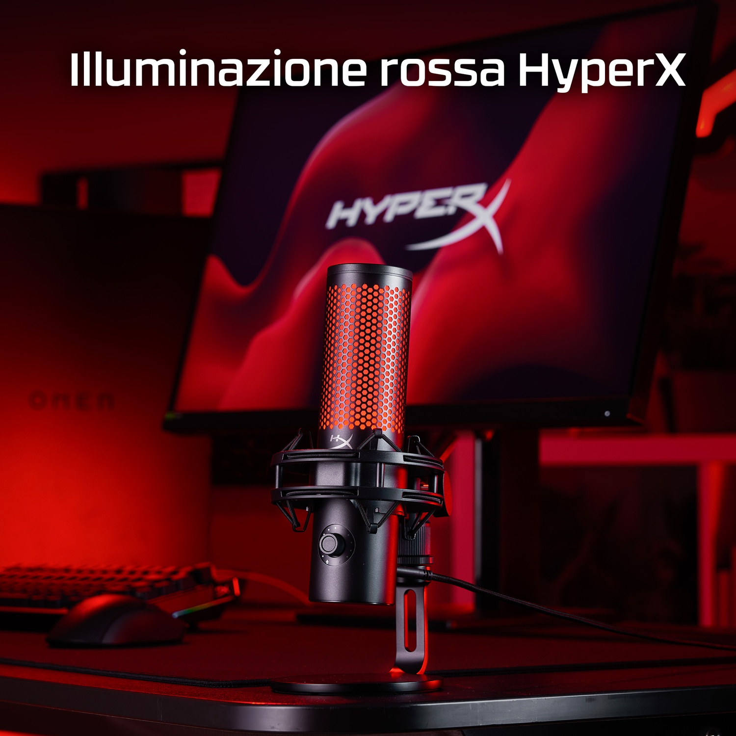 Uno schermo con software controlla l'illuminazione del microfono. Il microfono è rosso.