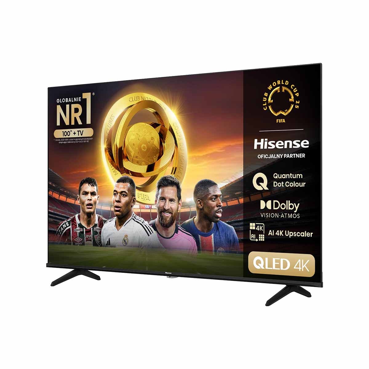 Duży telewizor wyświetlający mecz piłki nożnej, z zawodnikami i logo. To Hisense QLED 4K.